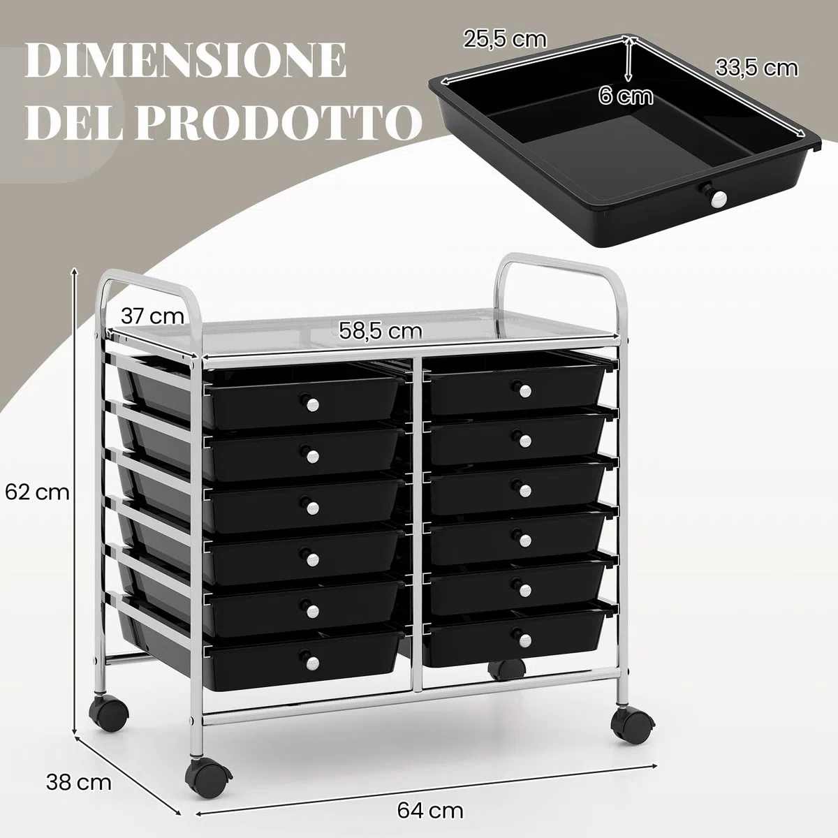 RELAX4LIFE Carrello di Stoccaggio con 12 Cassetti Estraibili, con Ruote Bloccabili e Maniglie, Struttura in Metallo, Carrello di Servizio con Ampia Piano per Soggiorno, Sala Giochi (BIANCO)