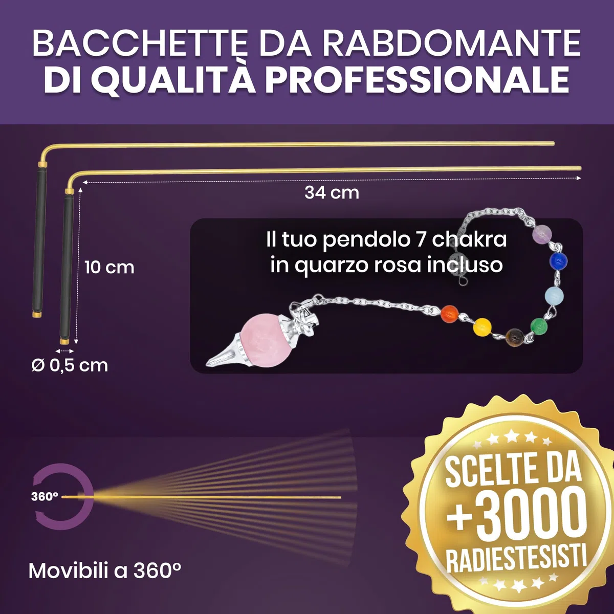 VIBRATIS Bacchette per cercatore con pendolo in quarzo rosa 7 chakra, kit di radiestesia in rame, precisione e affidabilità per geobiologia, paranormale e divinazione, marca francese