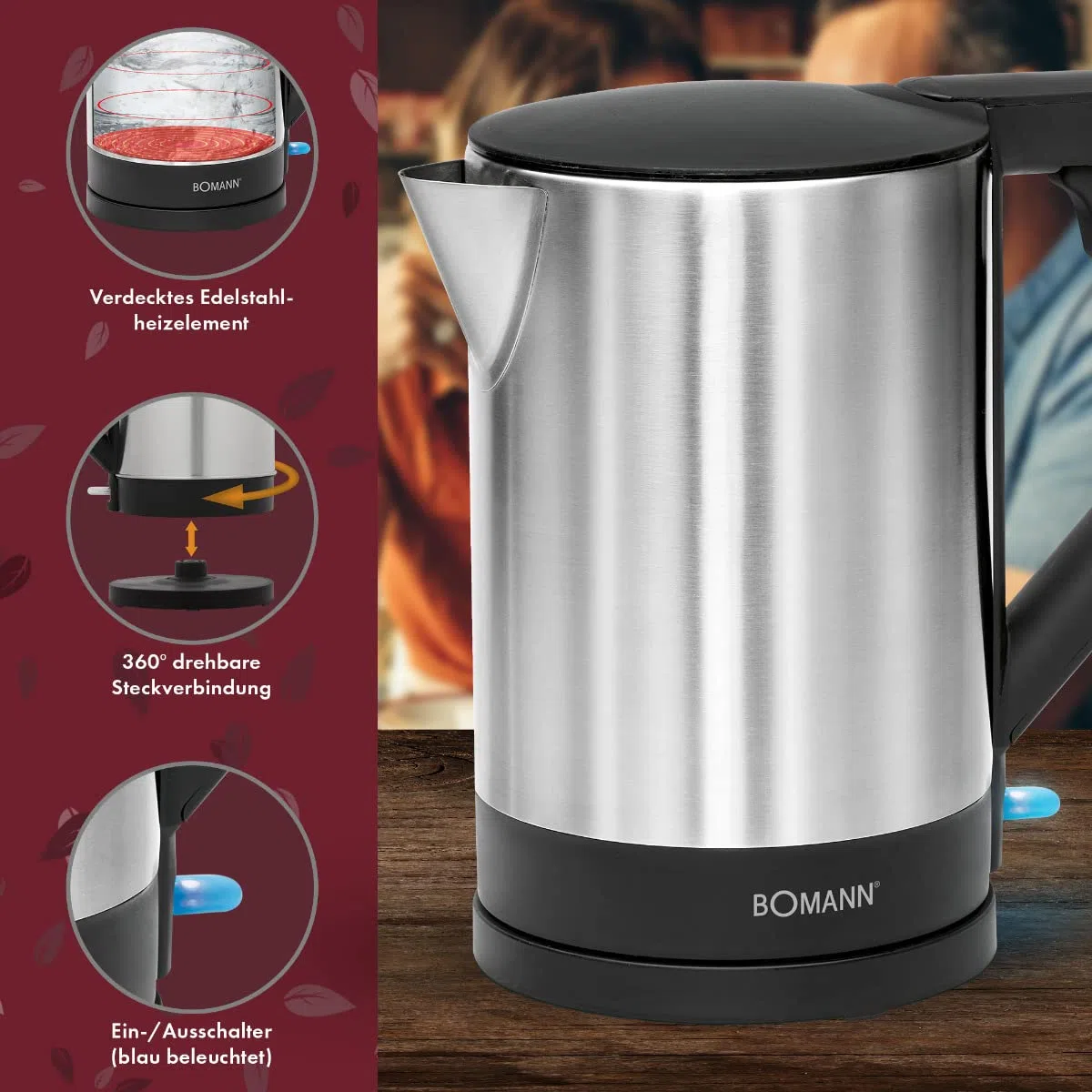 Bollitore elettrico - Bollitore elettrico - Bollitore in acciaio - Bollitore Bomann WKS 3002 CB 1,5 litri acciaio inox/nero - 2200 Watt - sistema di spegnimento automatico