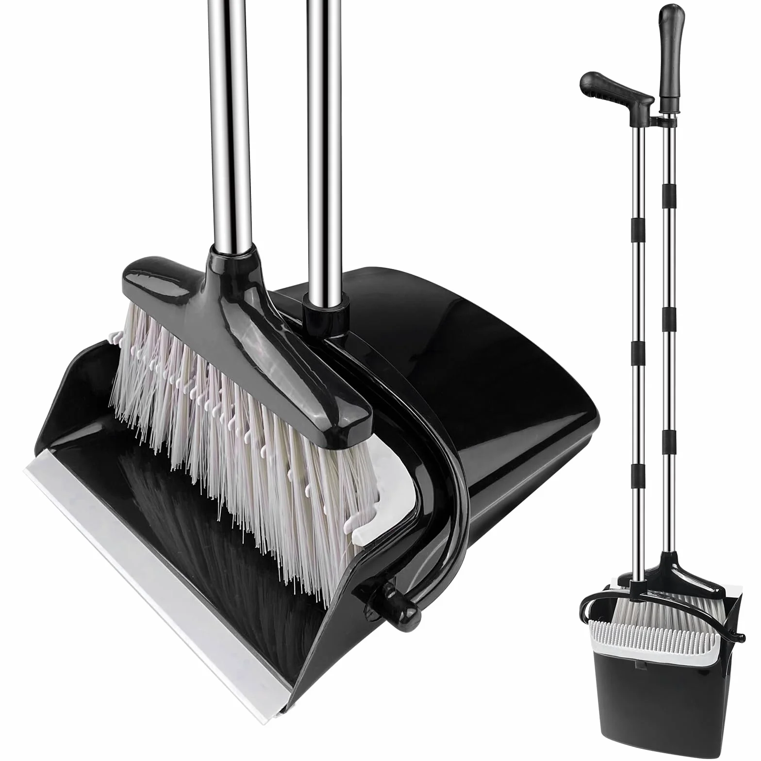 Set Scopa e Paletta Alta Verticale in Acciaio Inox - Paletta Richiudibile Con Denti a Pettine per Casa, Interni, Giardino - Broom and Dustpan Set