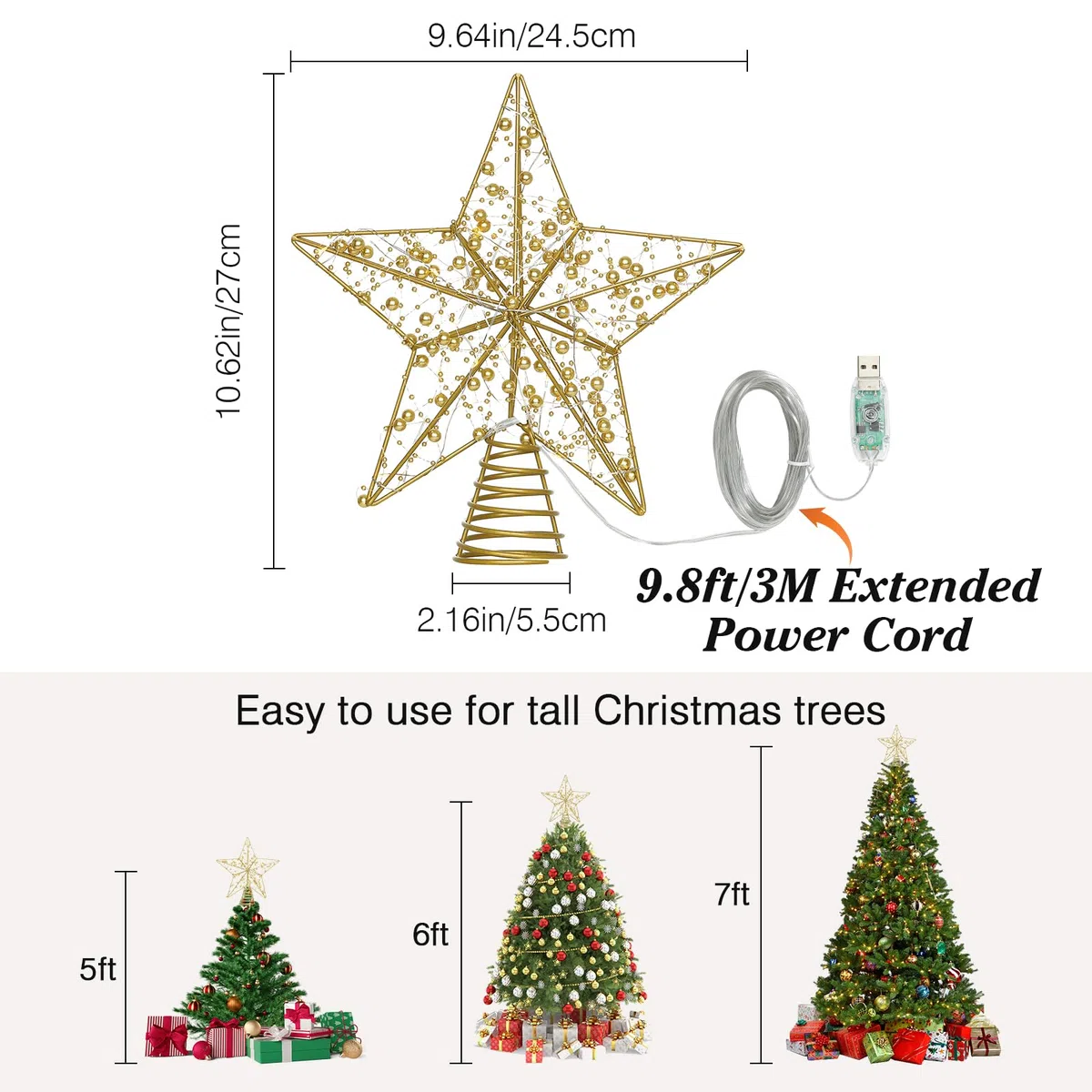 Lewondr Puntale per Albero di Natale a Forma di Stella, 11" Puntale con Base Spirale Telecomandato Alimentato da USB, 8 Modalità con Timer, Oro