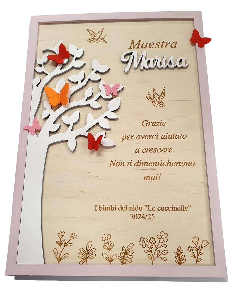 Quadro di Ringraziamento per Maestra Maestro Personalizzato, Decorazione in Legno con Farfalle ed albero della vita, idea regalo di fine anno, chiusura scuola - dedica personalizzata