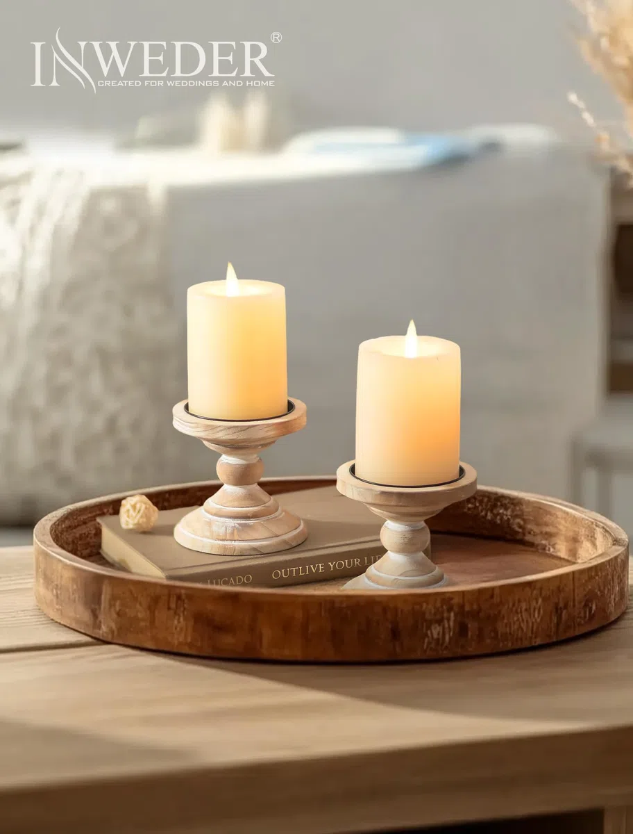 Portacandele in Legno: 2 Pezzi Porta Candele Rustici Bianchi Decorazione per La Casa Portacandele a Colonna per Centrotavola Candelabro Moderna per Camino Natale