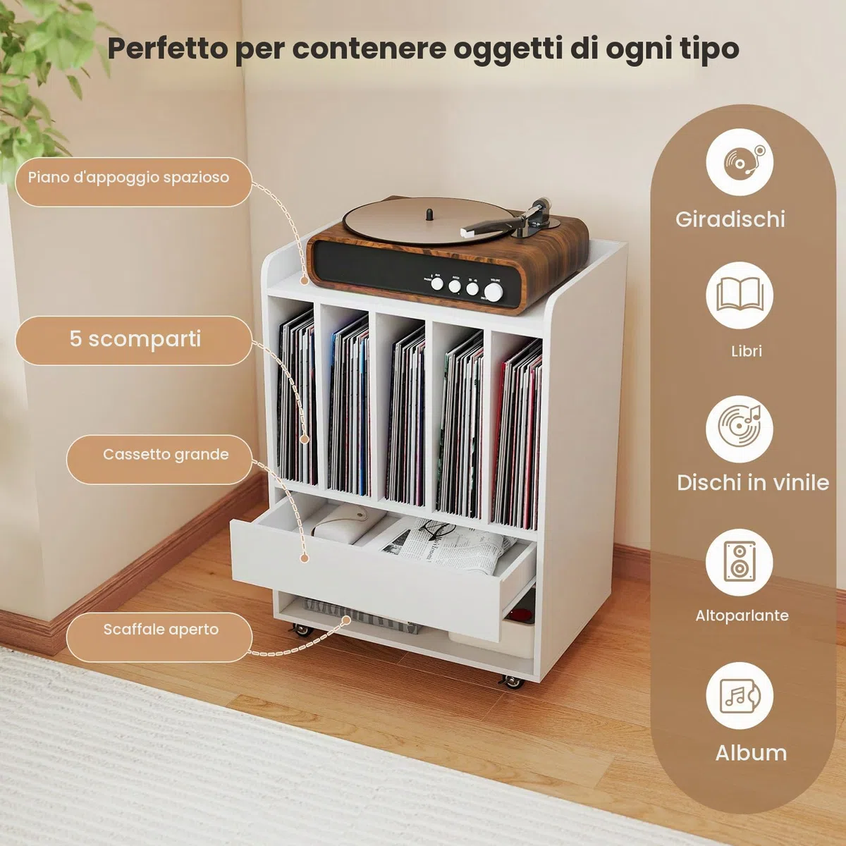 KOMFOTTEU Supporto per Giradischi in Vinile Fino a 180 Album, Mobile Giradischi con Ruote, Mobiletto Portaoggetti con Scomparti Aperti, Cassetto e Ganci per Ufficio, Soggiorno, Studio (Bianco)