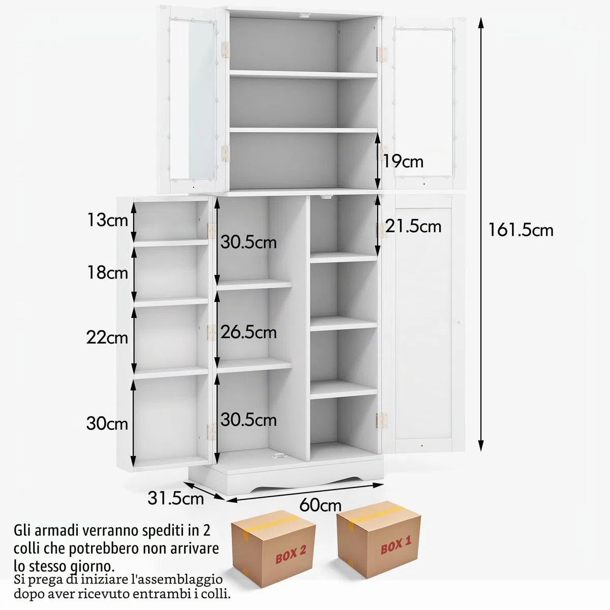 KOMFOTTEU Credenza da Cucina con Anta Multi-Stoccaggio, Mobile Cucina Dispensa con Dispositivo Antiribaltamento, Armadio di Stoccaggio, 60 x 31,5 x 161,5 cm, per Soggiorno, Sala da Pranzo (Bianco)