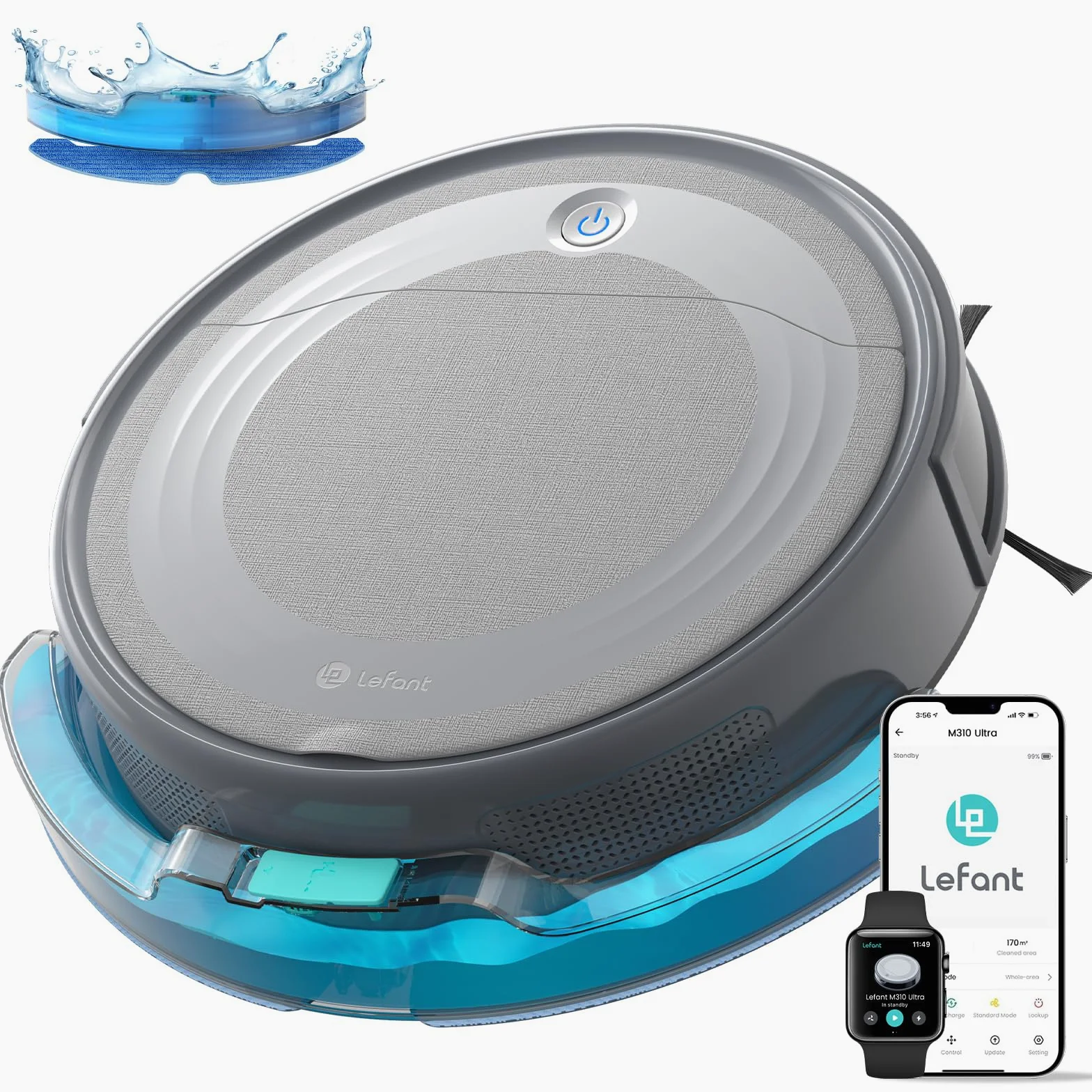 Lefant M310 Ultra Robot Aspirapolvere Lavapavimenti 3 in 1, 6000Pa, Navigazione ToF + Tecnologia PSD, Serbatoio Polvere Trasparente 500ml, 170 Min Autonomia, Controllo App/Wi-Fi, Grigio