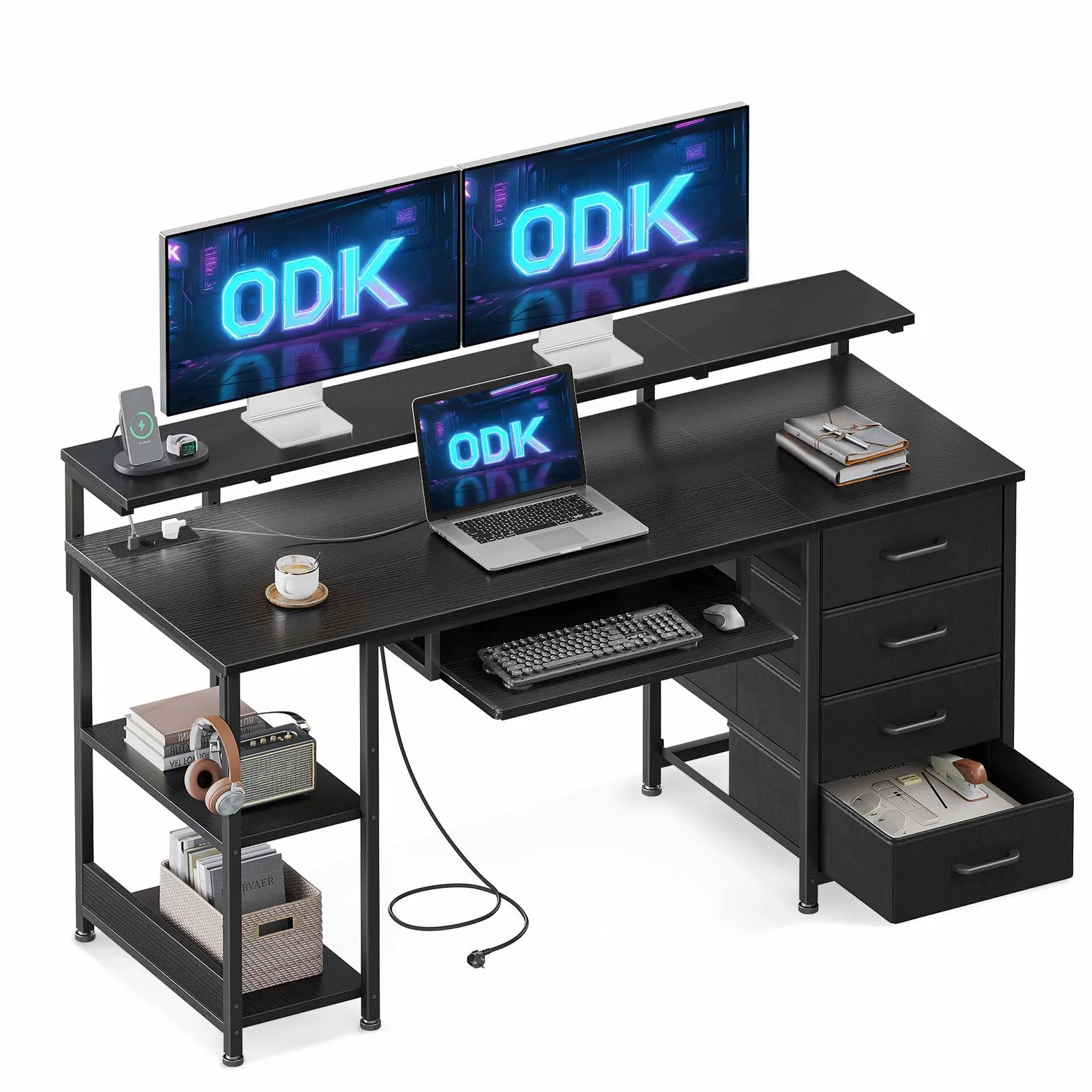 ODK Scrivania con 4 Cassetti, 140x52x92cm Scrivania per Computer con Presa di Corrente e Ricarica USB, Scrivanie Gaming Tavolo Scrivanie con Ripiani Regolabili per la Casa, Nero