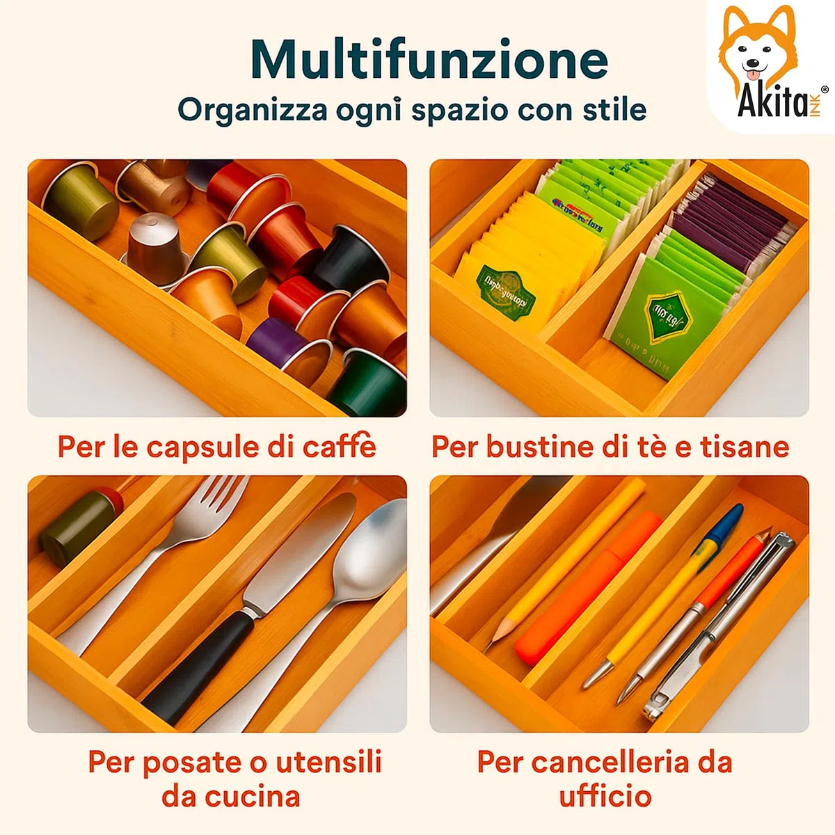 AKITAInk Porta Cialde in Bambù con Cassetto a 4 Scomparti e Piano in Vetro - Organizer per Capsule, Caffè e Tisane - Perfetto per Angolo Caffè Moderno in Cucina e Ufficio
