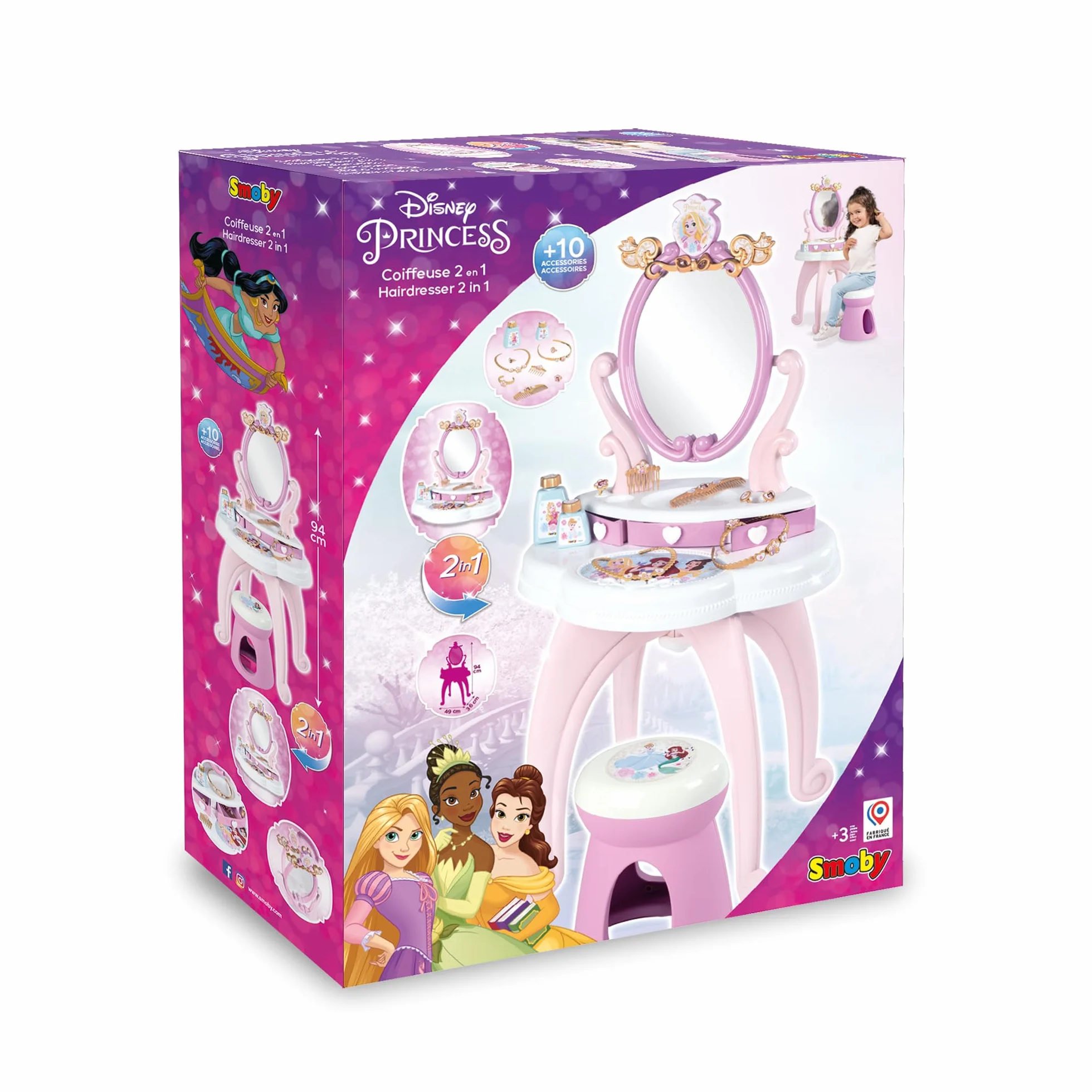Smoby - Disney Princess specchiera 2 in 1, 7600320250, +3 anni, con sgabello, specchio girevole, da specchiera a tavolo, 10 accessori