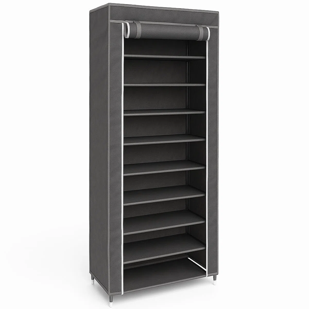 BAKAJI Scarpiera Armadio Salvaspazio 10 Ripiani 60x30x150cm Fino a 36 Paia di Scarpe Struttura Acciaio e Rivestimento in Tessuto TNT Impermeabile con Chiusura Zip Antipolvere (Grigio)
