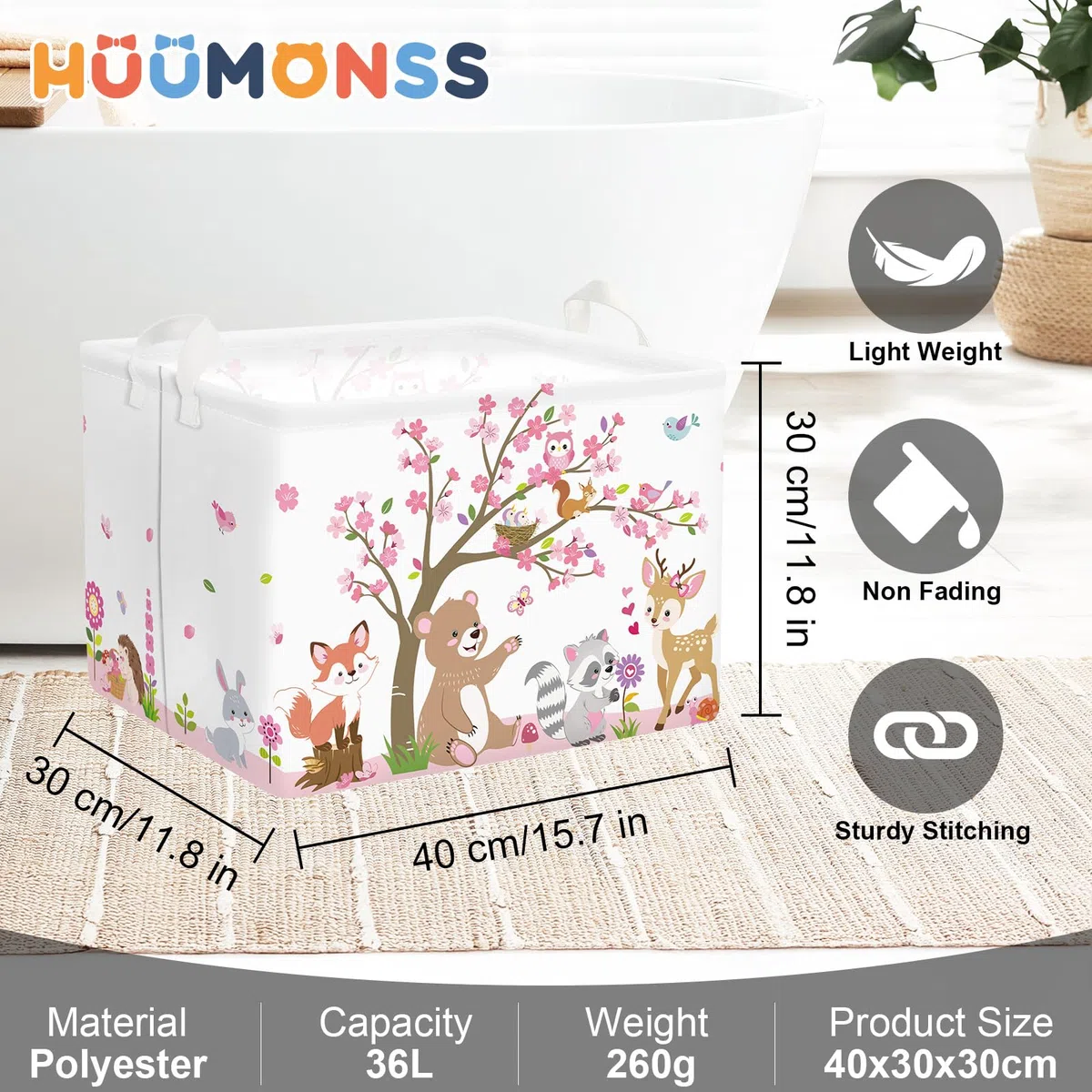 Grande Cesta Porta Biancheria Animale Della Foresta Pieghevole Cestini Portaoggetti Giocattoli/Vestiti per Genitore Cesta Indumenti Sporchi per Bagno, Rosa, 36L