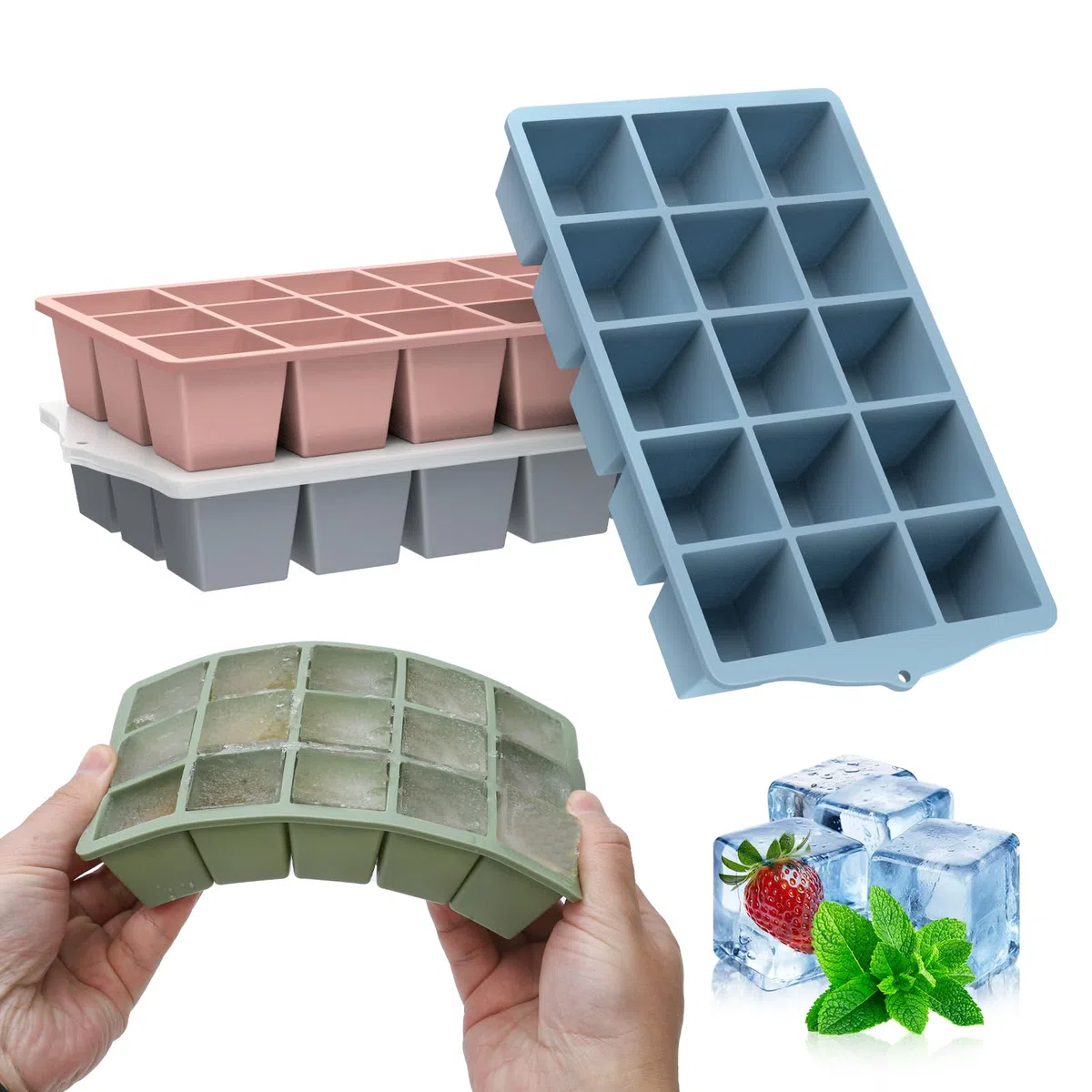 YUNISS Ghiaccio Stampo Silicone con Coperchio, 4 Pezzi Vassoio per Cubetti di Ghiaccio Senza BPA, Grande Stampi Ghiaccio in Impilabile per Cocktail, Whisky, Vino, Puree di Frutta, Gelati