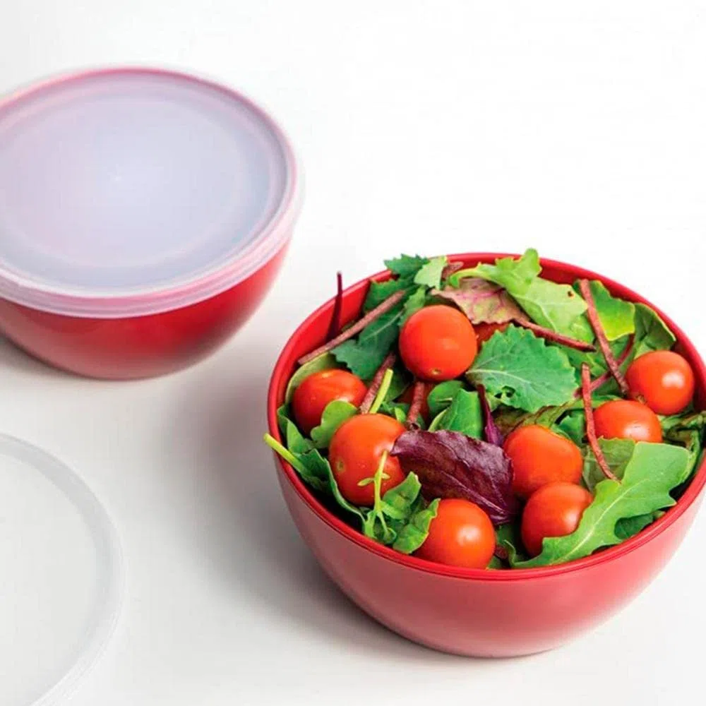 KitchenAid Insalatiere in Plastica con Coperchio, Rosse, Set 4 Ciotole Cucina