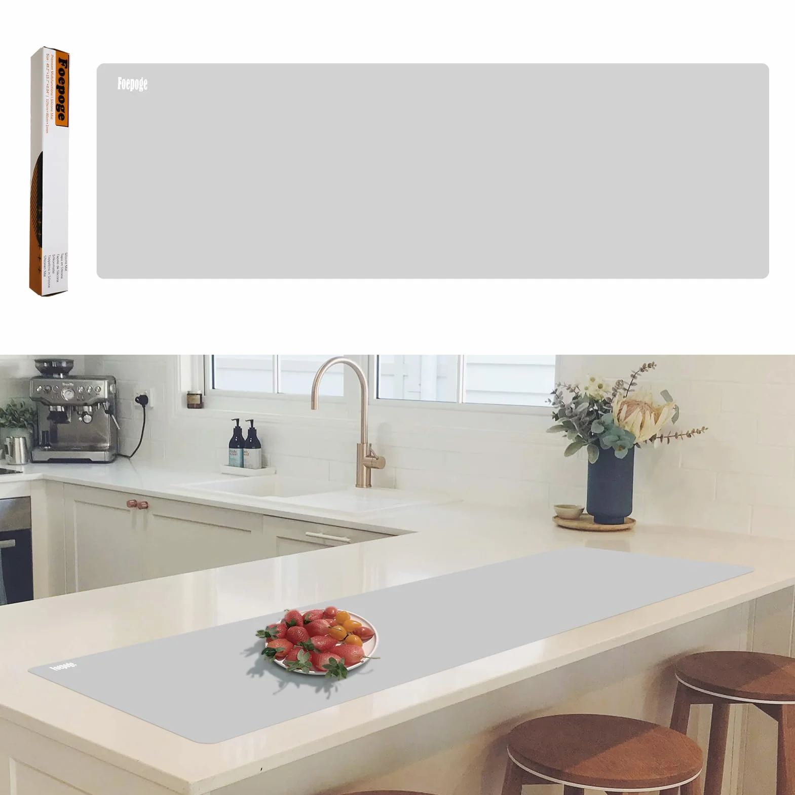 Tappetino protettivo extra lungo in silicone per piano di lavoro della cucina, 125 × 40 cm, antiaderente, resistente al calore, tappetino protettivo tagliabile, tappetino in silicone per