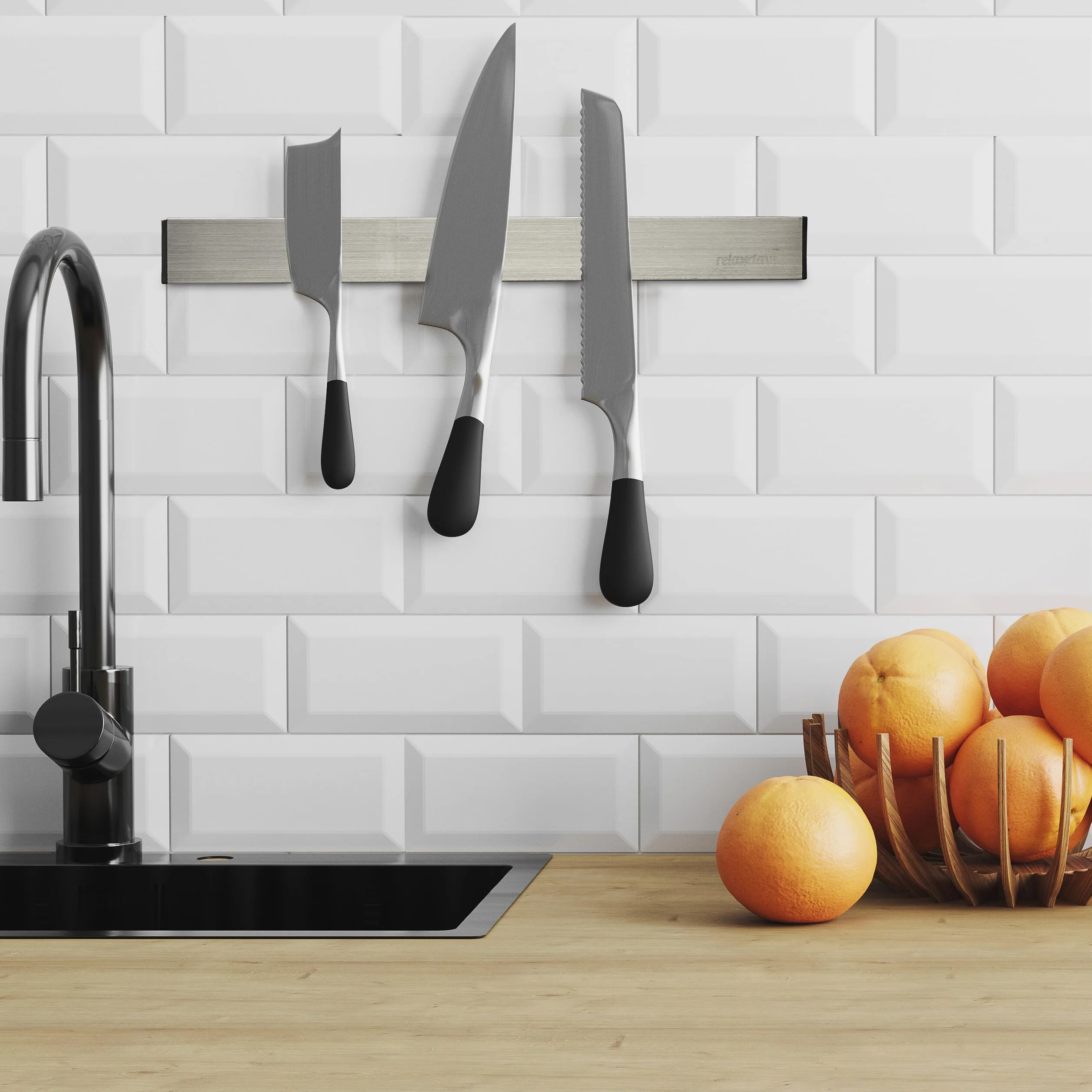 Relaxdays Barra Magnetica Portacoltelli in Acciaio Inox, Autoadesiva, Asta Lunga 40 cm, Guida a Parete, Argento Nero