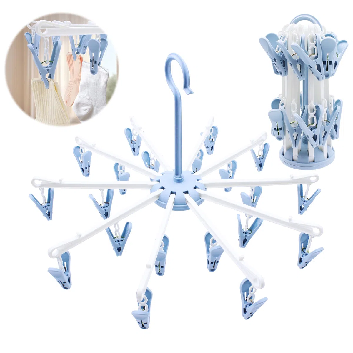 2 Pezzi Stendibiancheria con 40 Pinze, Stendino per Calzini Pieghevole, Appendiabiti per Calzini, Stendino in Plastica Girevole a 360°, Per Biancheria Intima, Calzini, Asciugamano (Blu)
