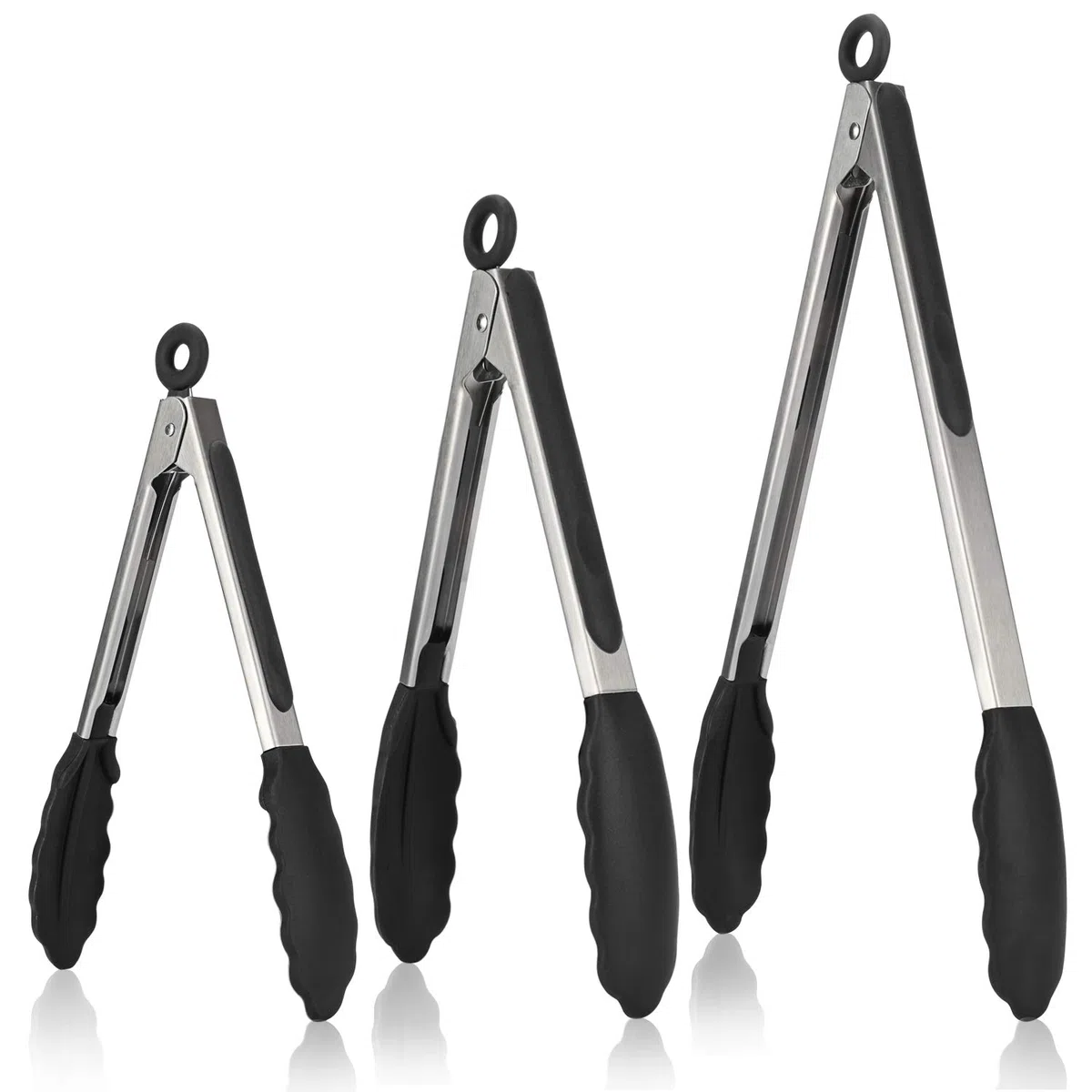 U-Taste Set di 3 Pinze Cucina, Pinze da Cucina in Acciaio Inossidabile 18cm, 23cm e 30cm con Spazzole in Silicone Antiaderente e Resistente al Calore 250°C per Uso Alimentare.(Nero)