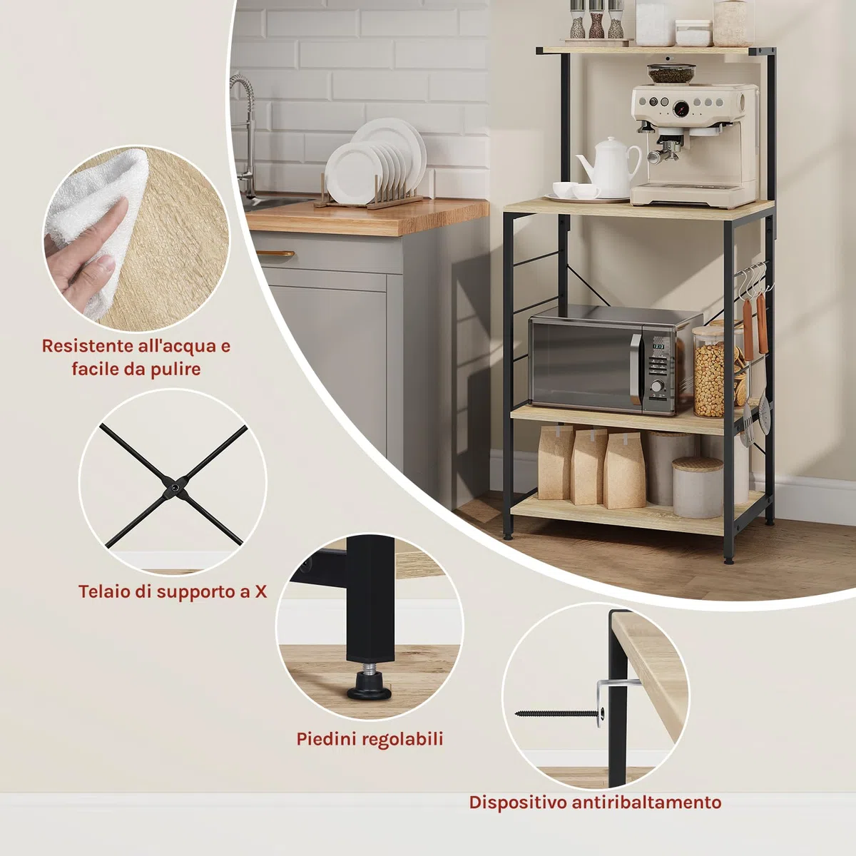 WOLTU Scaffale per Cucina in Acciaio Legno 4 Ripiani Carrello per Microonde Scaffalature Organizzatore 60x40x123 cm