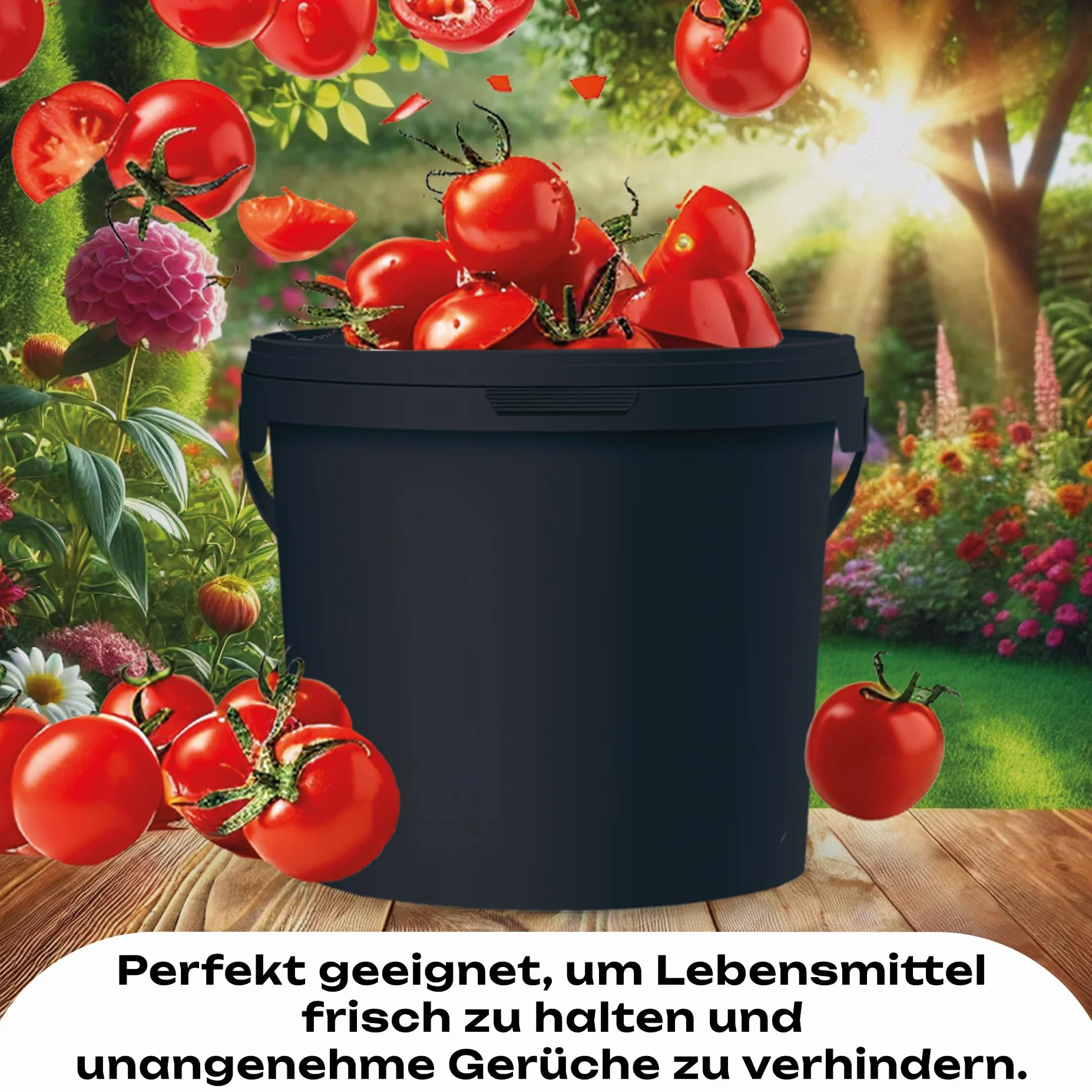 POSH Secchio con coperchio – Nero, in plastica, per alimenti, impermeabile, inodore, robusto, stabile, ermetico, secchio con maniglia (3, 10L)