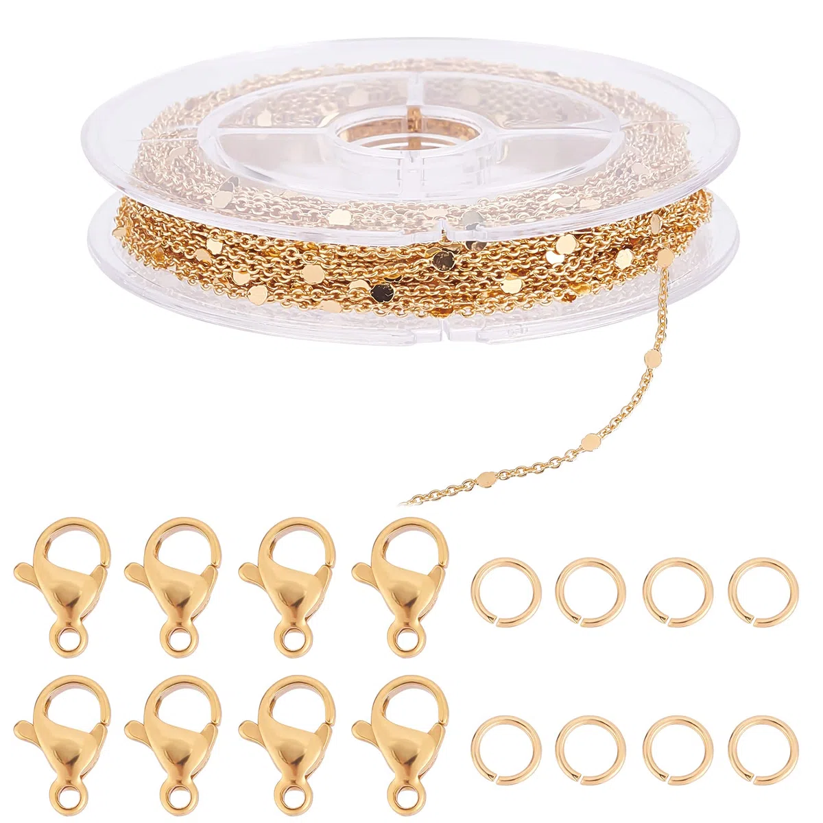 Beebeecraft 32.8 piede 18K Catene Placcate Oro per La Creazione di Gioielli Catena Cavo A Maglie Piatte Tonde con 20 chiusure A Moschettone e 50 anelli di Salto