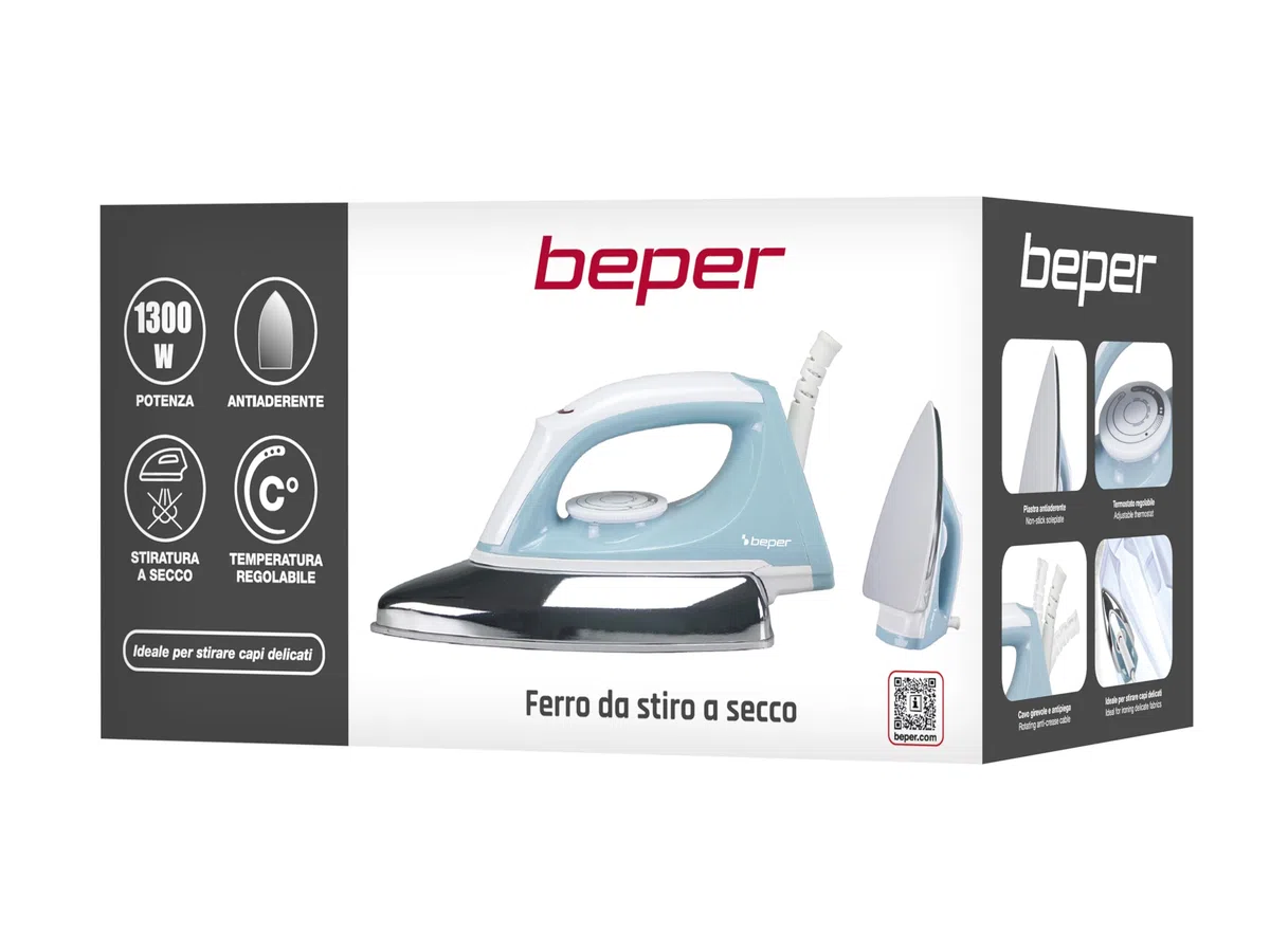 BEPER P204FER250 Ferro da stiro a secco, Ideale per tessuti delicati, Piastra antiaderente, Cavo girevole e antipiega, 1300W