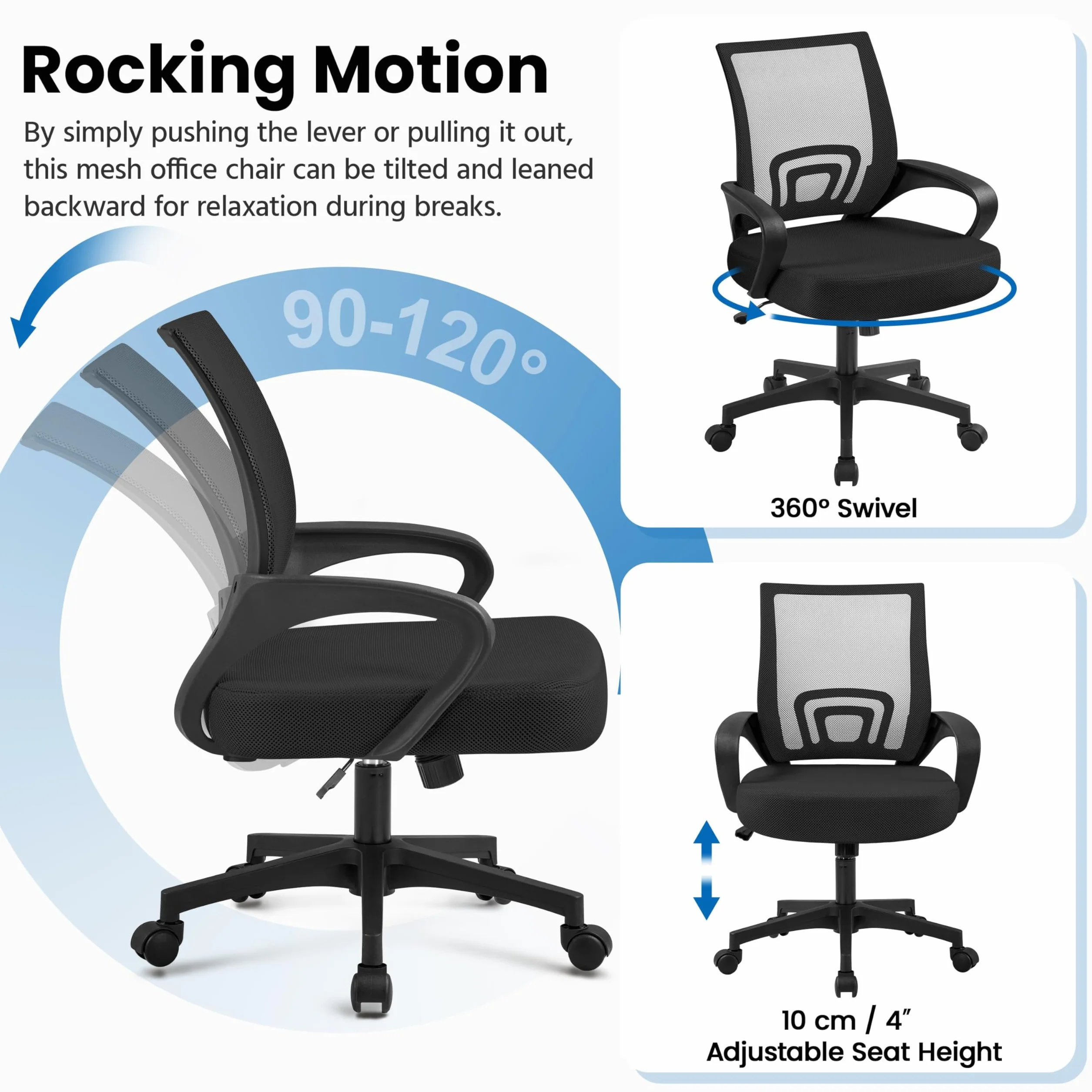Yaheetech Sedia da Ufficio Scrivania Ergonomica a Rotelle Girevole Reclinabile Imbottita in Rete Traspirante con Braccioli Altezza Regolabile Portata 136 kg Nera