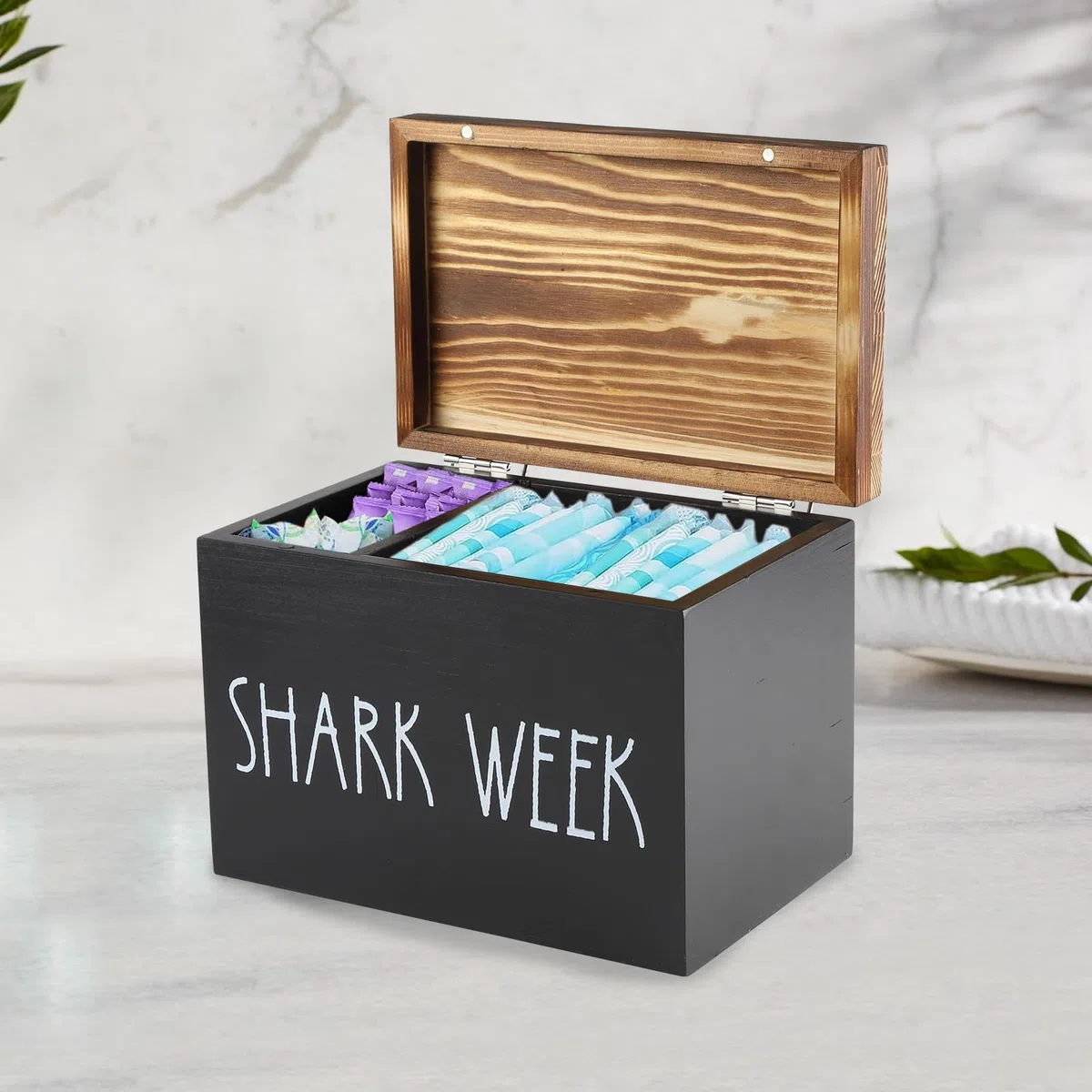 Porta Cotton Fioc per Bagno con Coperchio, Scatola Organizzatrice 2 Scomparti in Legno Rustico - Contenitore per Igiene Femminile, Tamponi, Assorbenti, Cosmetici, Accessori Bagno