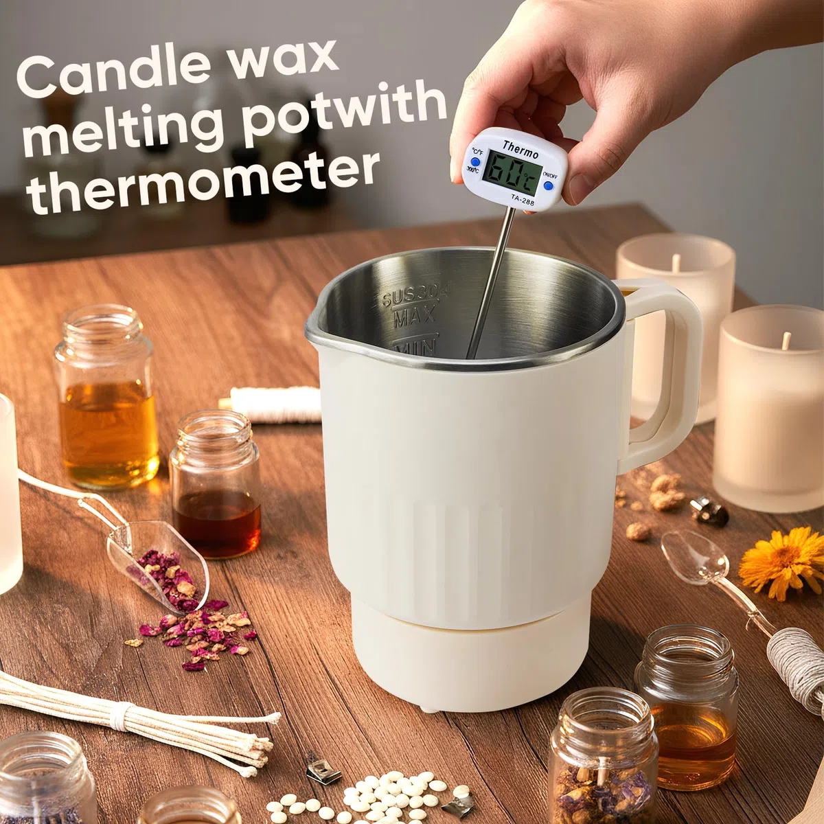 Fusciera Elettrica per Candele 1L, Kit Candele Fai Da Te, Kit Di Fabbricazione Di Candele Di Soia Con Pentola per Fusione Di Cera, Termometro, Stoppino per Candele, Stoppino E Cucchiaio per Mescolare
