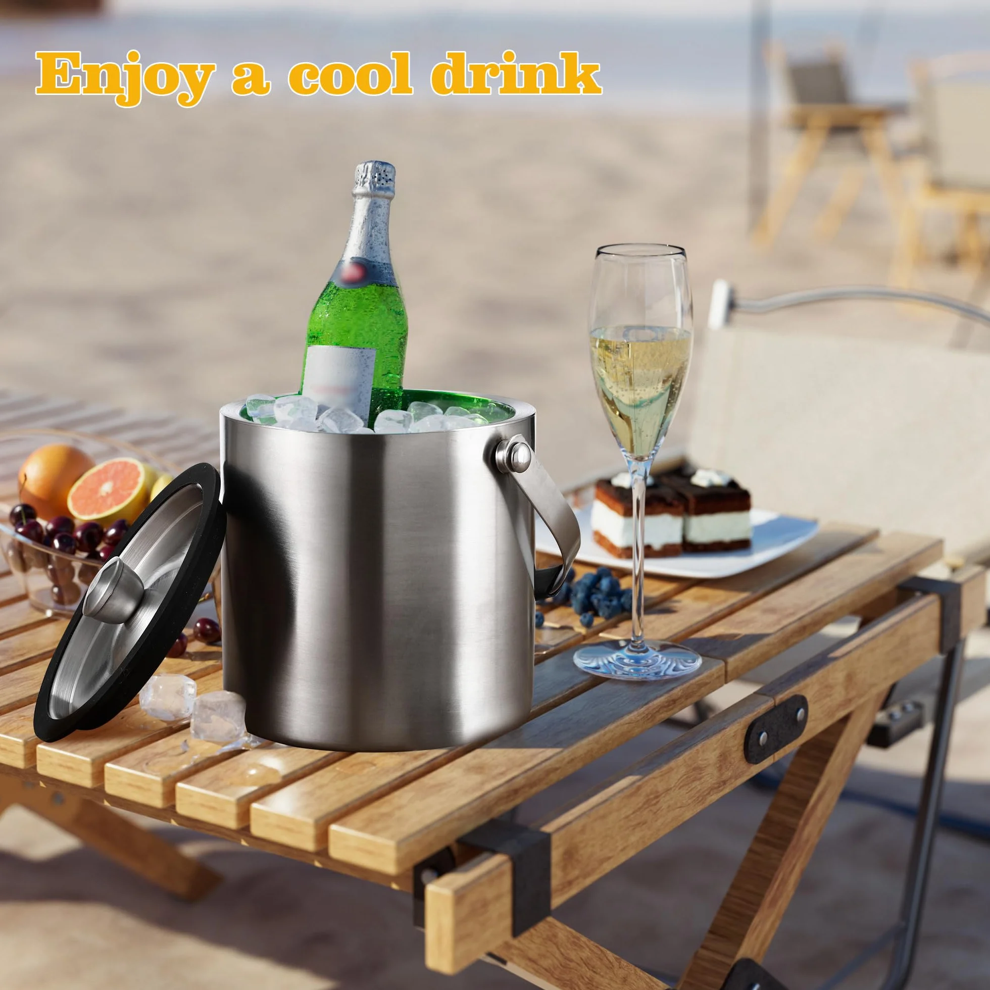 1.6 litri Secchiello Ghiaccio, Secchiello Ghiaccio In Acciaio Inox con Coperchio sigillante, Colino e pinze per Ghiaccio, Perfetto per cocktail Bar, Feste, Casa