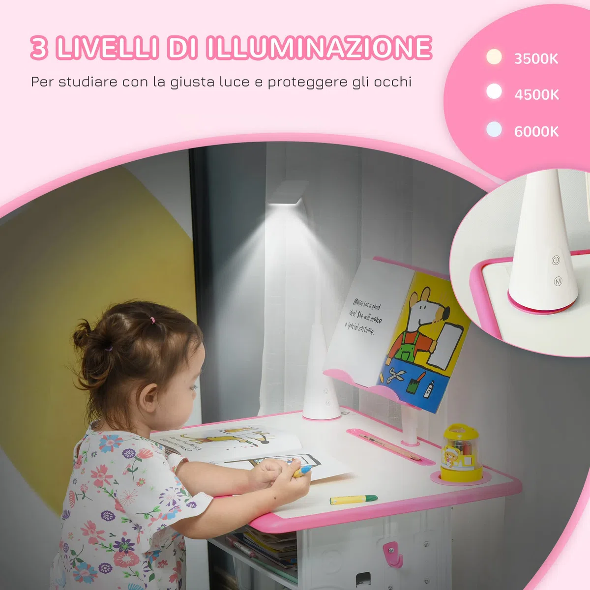 HOMCOM Banchetto per Bambini 6-12 Anni ad Altezza Regolabile con Lampada LED, Leggio e Mensola, Set Banco con Sedia per Bambini in PP, Acciaio e MDF, Rosa