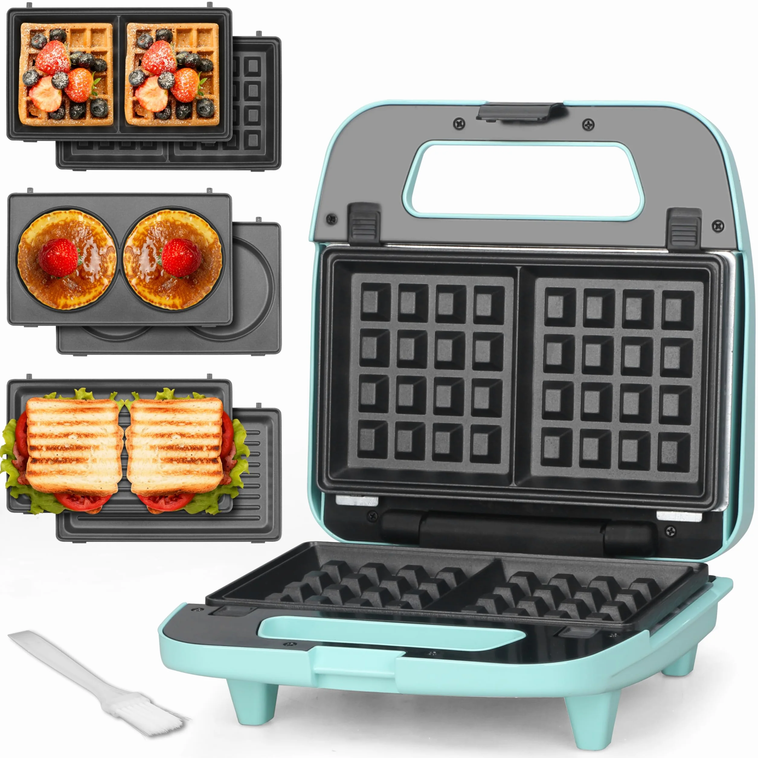 Baker's Friend Cialdaiera 3 in 1 con Piastre Rimovibili, Cialdaiera Quadrata con Piastre Rimovibili, Pressa per Pancake e Panini, Produttore di Formaggio Grigliato, Antiaderente, Acciaio Inossidabile,