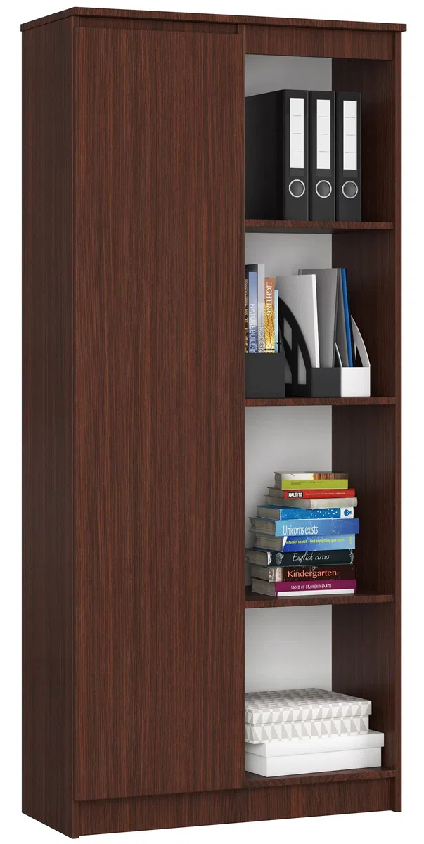 AKORD | Libreria per ufficio CLP 80cm | 4 Ripiani esterni 1 Anta | Scaffale Soggiorno | Porta Libri | Mobile Moderna con Ripiani | Salvaspazio | Librerie da Terra | Wengé
