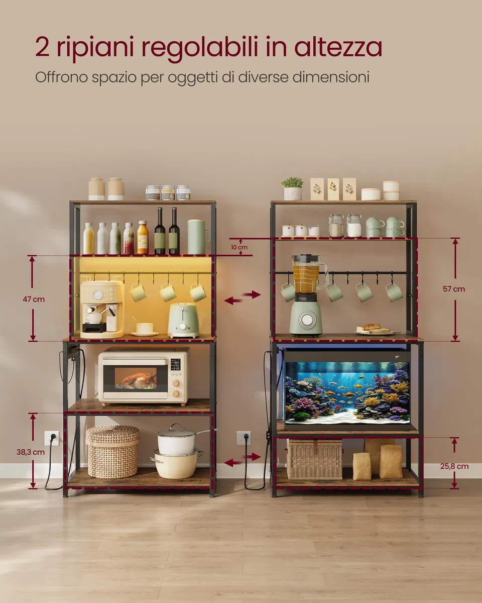 VASAGLE Scaffale da Cucina con LED, Scaffale per Microonde con Multipresa, Ripiani Regolabili, 8 Ganci, 40 x 80 x 168,4 cm, Marrone Vintage e Nero Opaco KKS050KD01