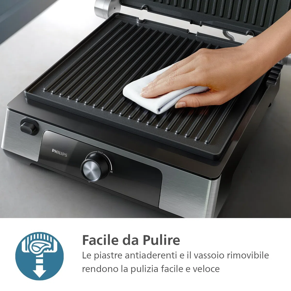 Philips Griglia Elettrica - Contact Grill. Temperatura regolabile. Ampio grill e prestazioni ad Alta Potenza. Piastre Antiaderenti e vassoio raccogli grasso rimovibili. (HD6301/90)