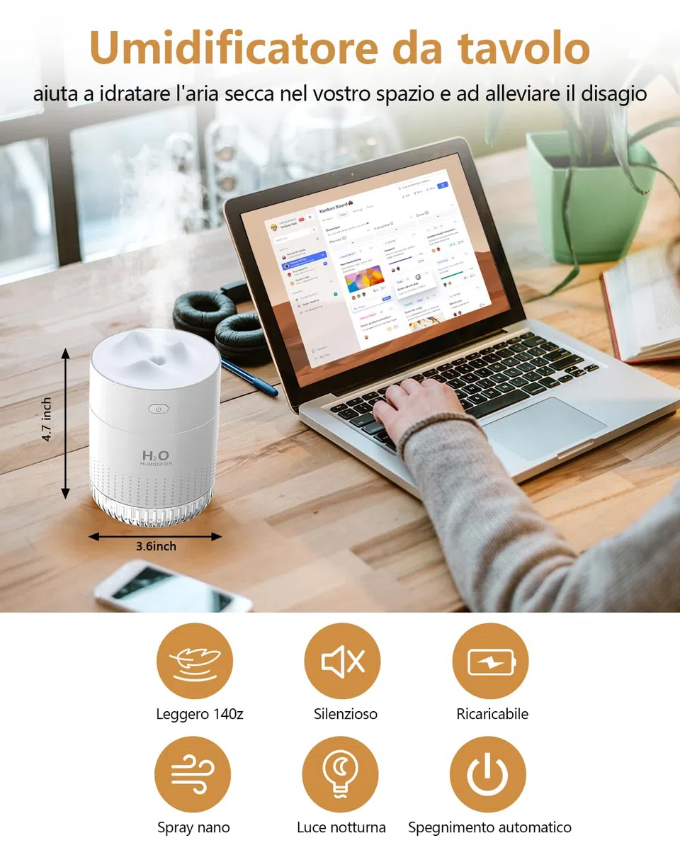 LKV Umidificatore d'aria per camera da letto Umidificatori USB portatili da tavolo per la casa con luce notturna soffusa-2 modelli di spruzzo-Facile da usare