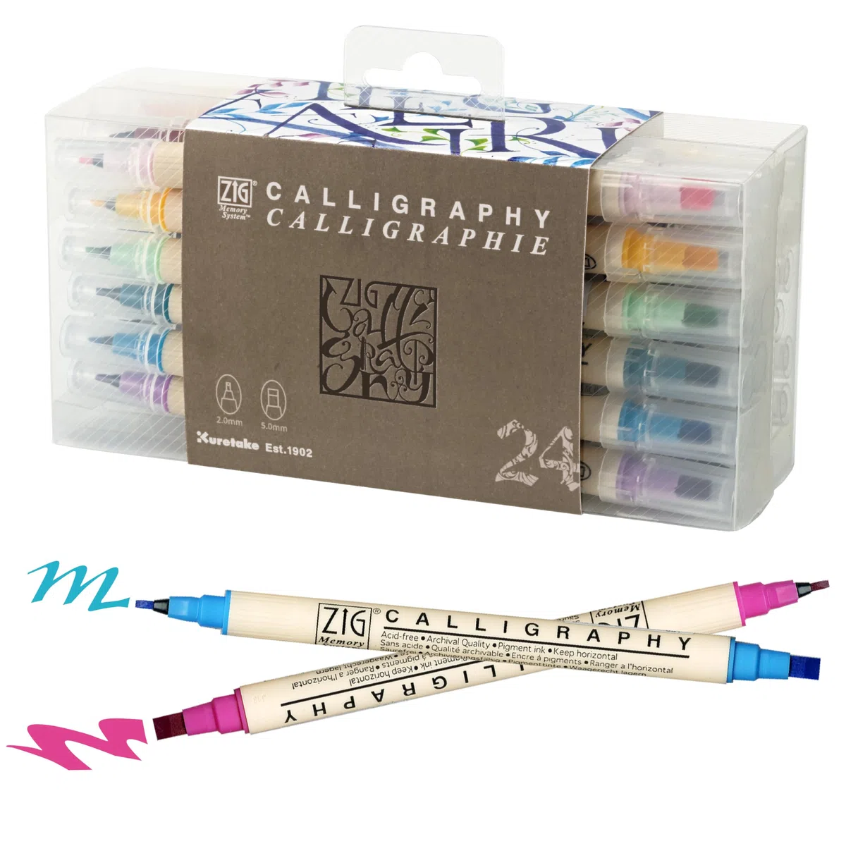Kuretake Zig Calligraphy - Pennarelli a doppia punta, 24 colori, 2 mm, 5 mm, doppia punta, per arte, schizzi, illustrazione, calligrafia, diario, disegno, realizzati in Giappone