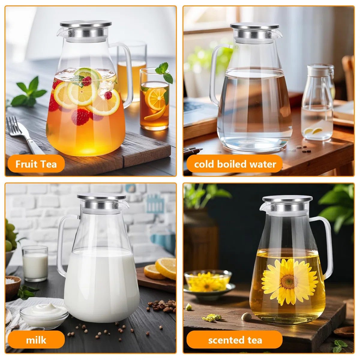 Caraffa in vetro da 2,2 litri, bollitore trasparente impermeabile con coperchio in acciaio inossidabile, bollitore sigillato e a prova di perdite, adatto per tè freddo, tè caldo, succo