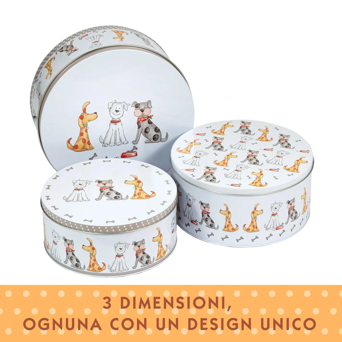 SPOTTED DOG GIFT COMPANY Set di 3 Scatole di Latta, Contenitori Impilabili per Biscotti in Metallo, Barattoli di Latta Rotondi Ermetici per Conservare Torte e Alimenti, Piccoli Medi Grandi - Cani
