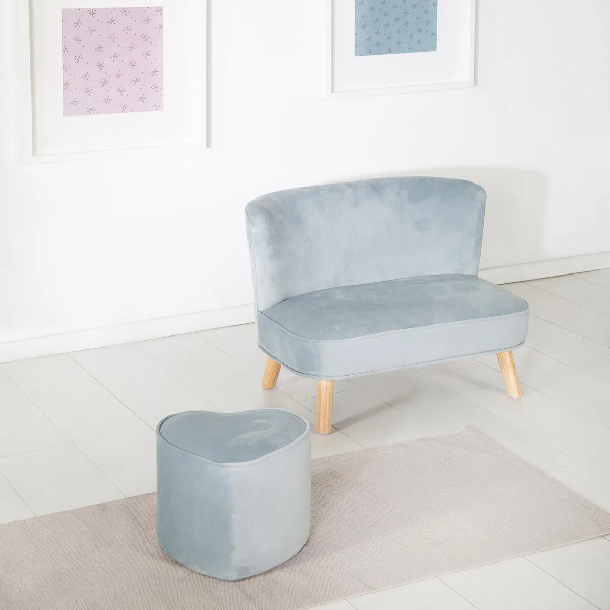 roba Pouf per Bambini a forma di Cuore Lil Sofa - Rivestito in Velluto - con Contenitore - Multifunzione -Arredamento per Bambini - per la Cameretta - dai 18 Mesi - Azzurro