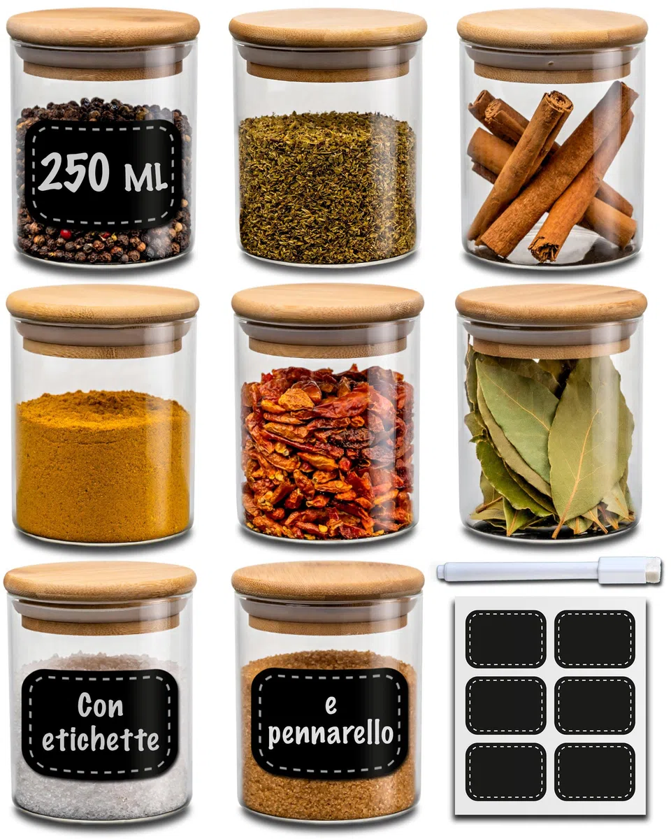 Praknu Set Barattoli Spezie Vetro con Coperchi - 8pcs x 250ml - Contenitori Spezie per Cucina - Ermetici - con Etichette - Lavabili in Lavastoviglie - Spezie, Erbe e Tè