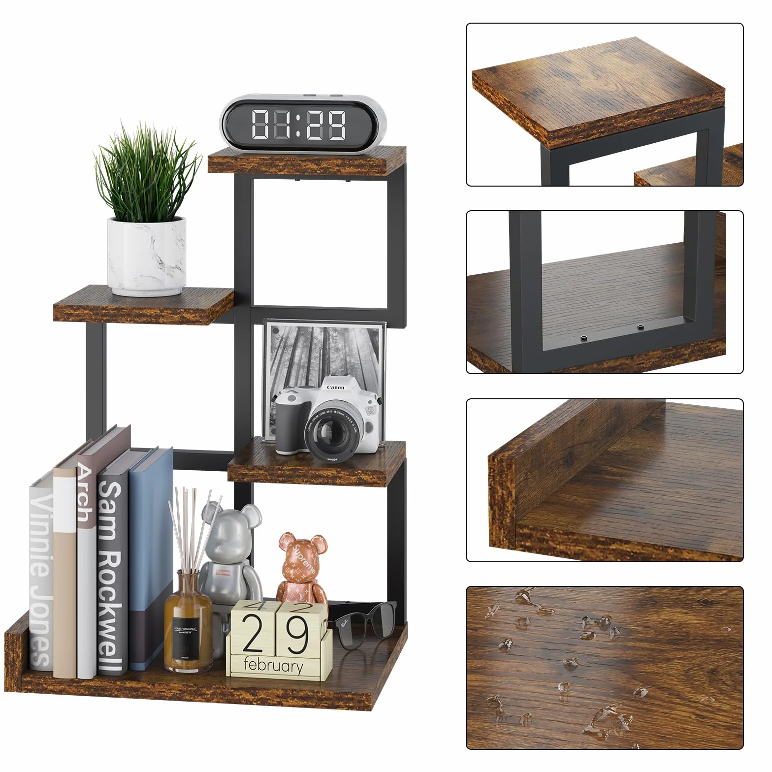 YMYNY Mensola da Tavolo in Legno, 4 Tier Storage Display Rack, Mensola Organizzatore Piccolo Libreria con telaio in Metallo per, Libri, Piante, 31 x 24 x 44.5cm, Marrone Rustico HSR007H