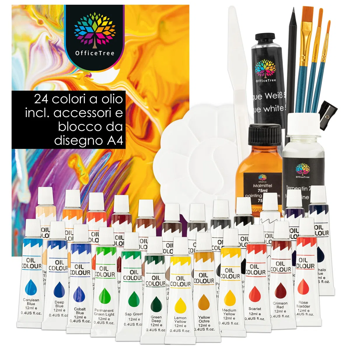 OfficeTree 24x 12 ml Kit pittura olio con pennello e tavolozza - Kit per la pittura con accessori - Colori ad olio per pittura su tela con trementina, fissante e blocco per pittura - Set dipingere