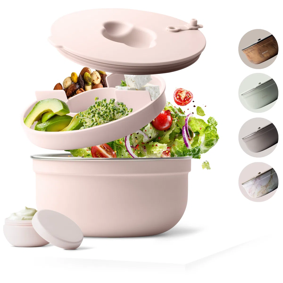 MAMEIDO Insalatiera per il viaggio 1,5 l, Lunchbox in acciaio inox, Bento Box senza BPA Porta Pranzo con scomparti e contenitore per condimenti a prova di perdite Meal Prep (Blush Kissed)