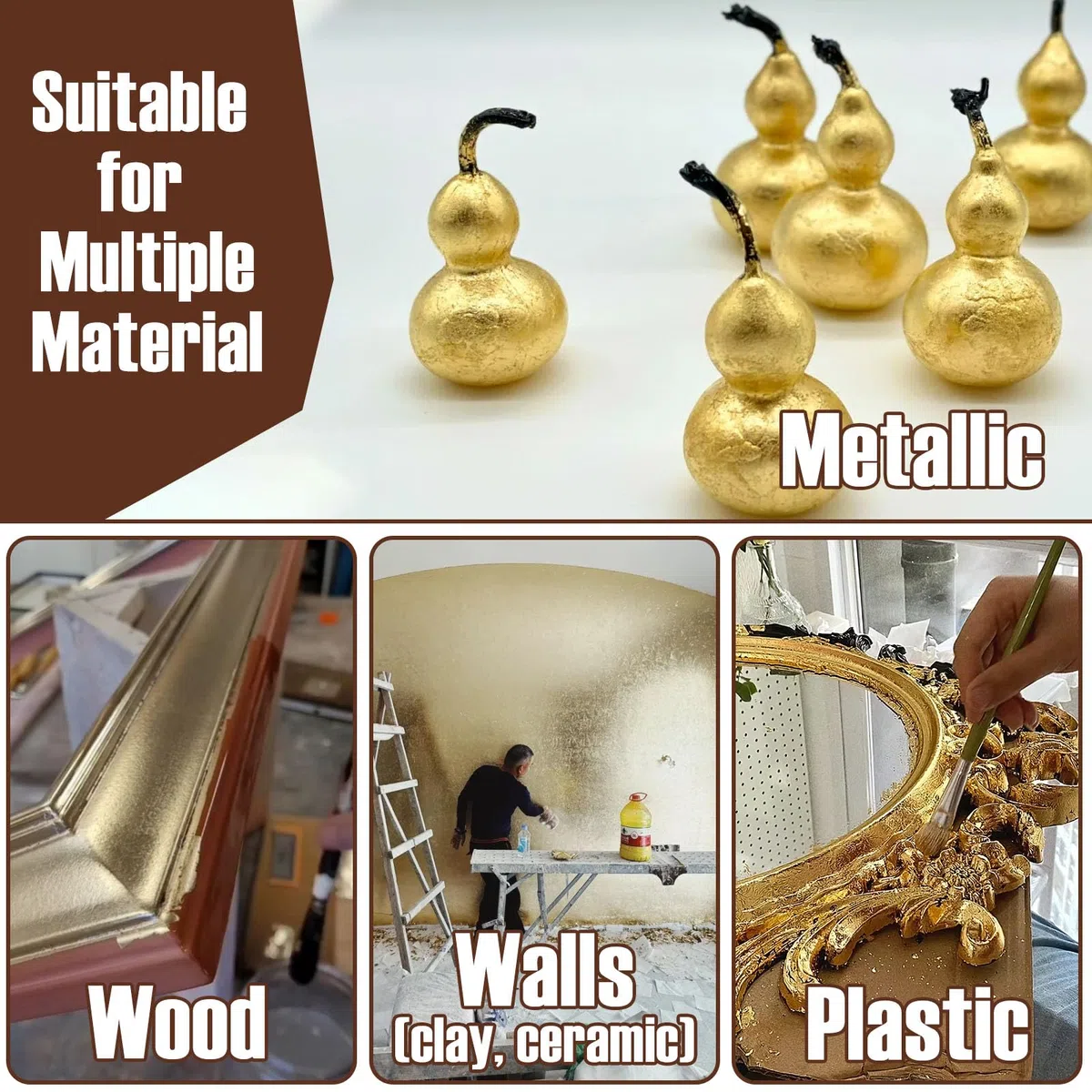 200ml Foglia oro decorazione, Set per doratura adesiva foglia d'oro per uso artistico e artigianale - 100 ml di adesivo per doratura, 100 ml di vernice per foglie metalliche, 4spazzole, 2 guanti