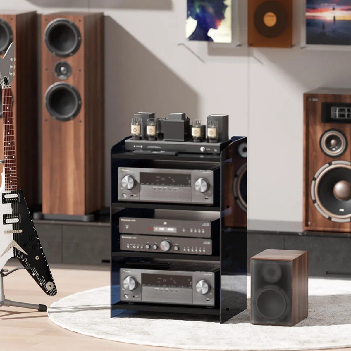 Supporto audio moderno per impianto hi-fi e dispositivi AV, mobile di archiviazione AV con ripiani regolabili, adatto per soggiorno e studio di registrazione(C,3 layer)