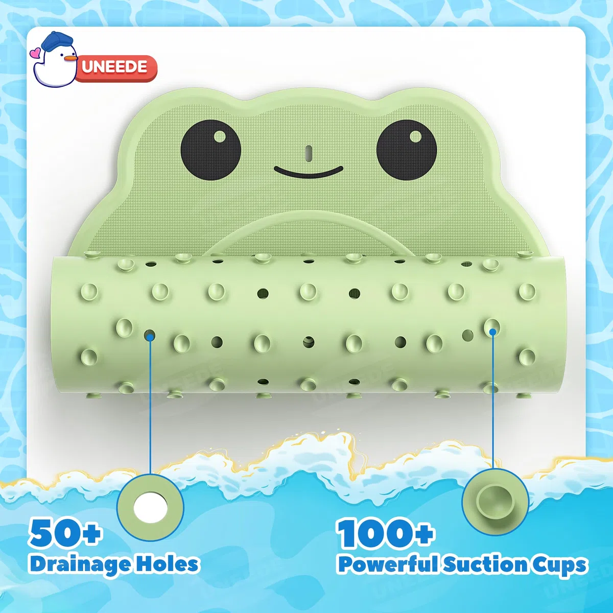UNEEDE Tappetino da bagno antiscivolo per bambini, a forma di rana, 76 x 45 cm, tappetino da bagno in gomma per neonati e bambini, con forti ventose, lavabile in lavatrice