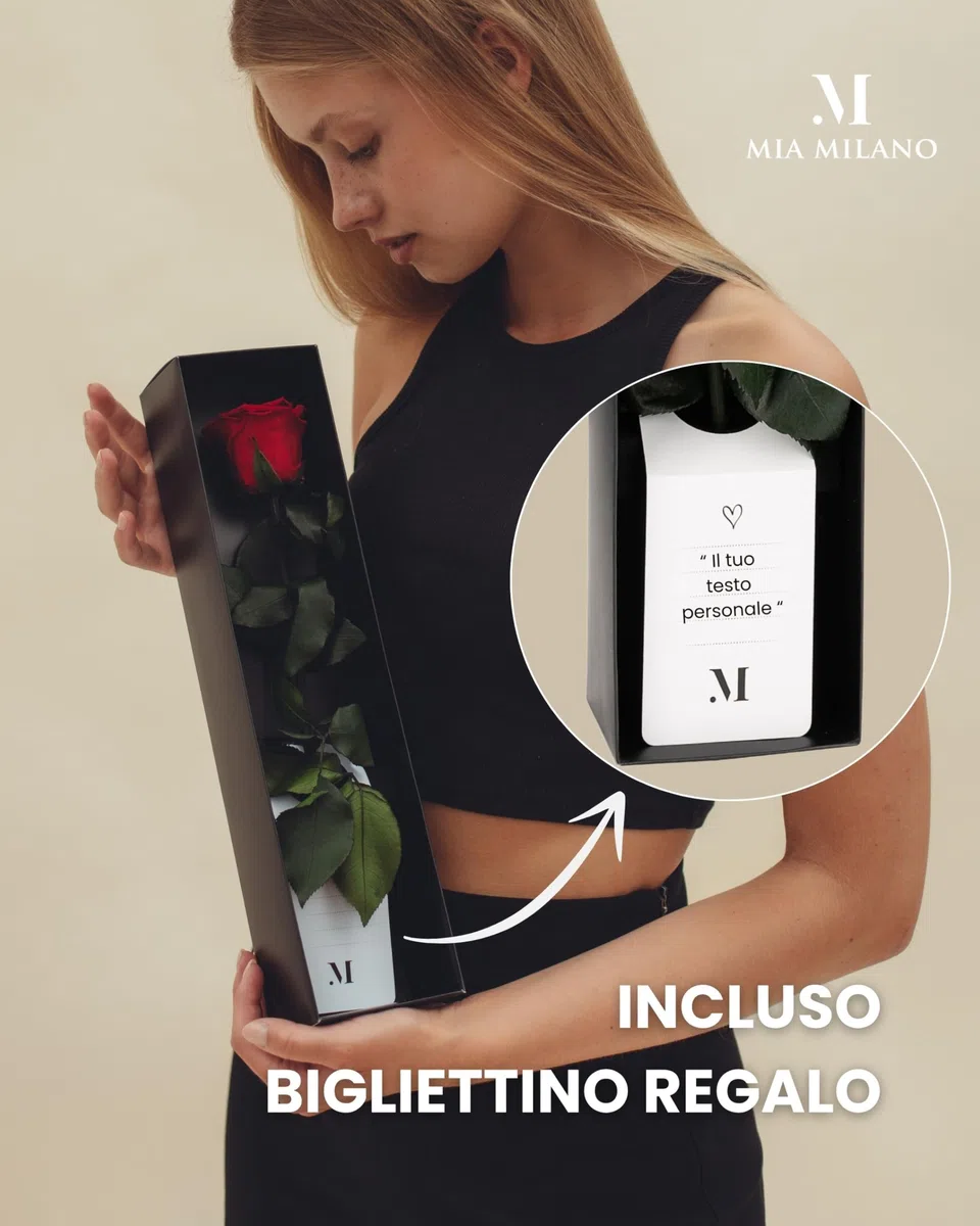 Mia Milano Rosa rossa con gambo lungo (durata 5 anni) in scatola regalo | Regalo decorativo per lei | Fiore conservato con profumo di rosa | Inclusa cartolina regalo