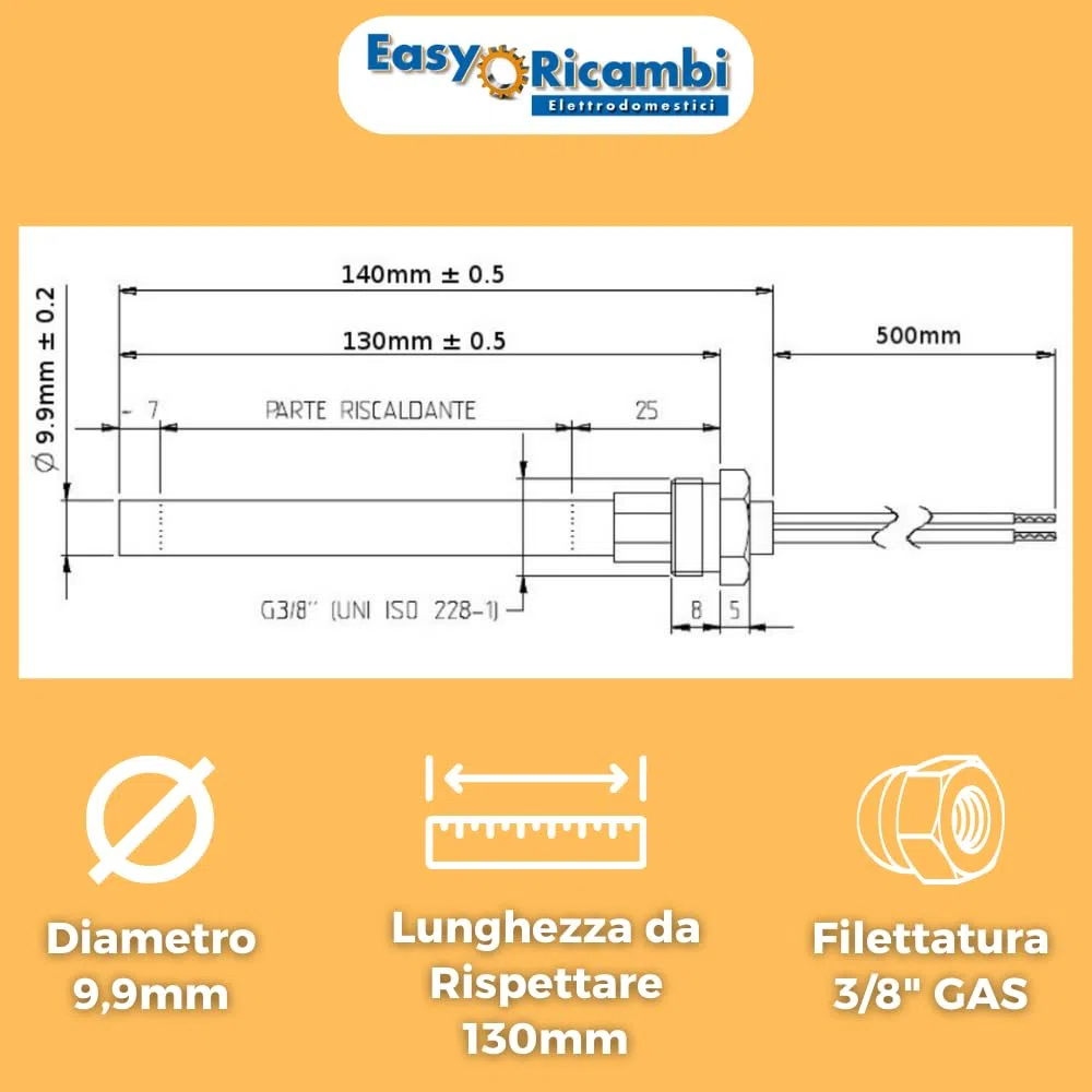 RESISTENZA CANDELETTA ACCENSIONE PER STUFA A PELLET 270W 140 mm (+/- 2 mm)130 mm; DIAMENTRO 9,9MM; FILETTATURA 3/8. PER AMG RAVELLI PIAZZETTA ALDER