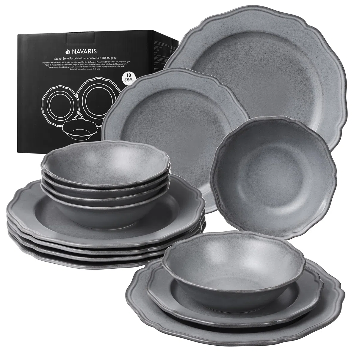 Navaris Set Piatti 18 Pezzi - Servizio Piatti Moderni di Porcellana per 6 Persone - Eleganti Decorativi e Resistenti - Adatto a Lavastoviglie e Microonde - Grigio