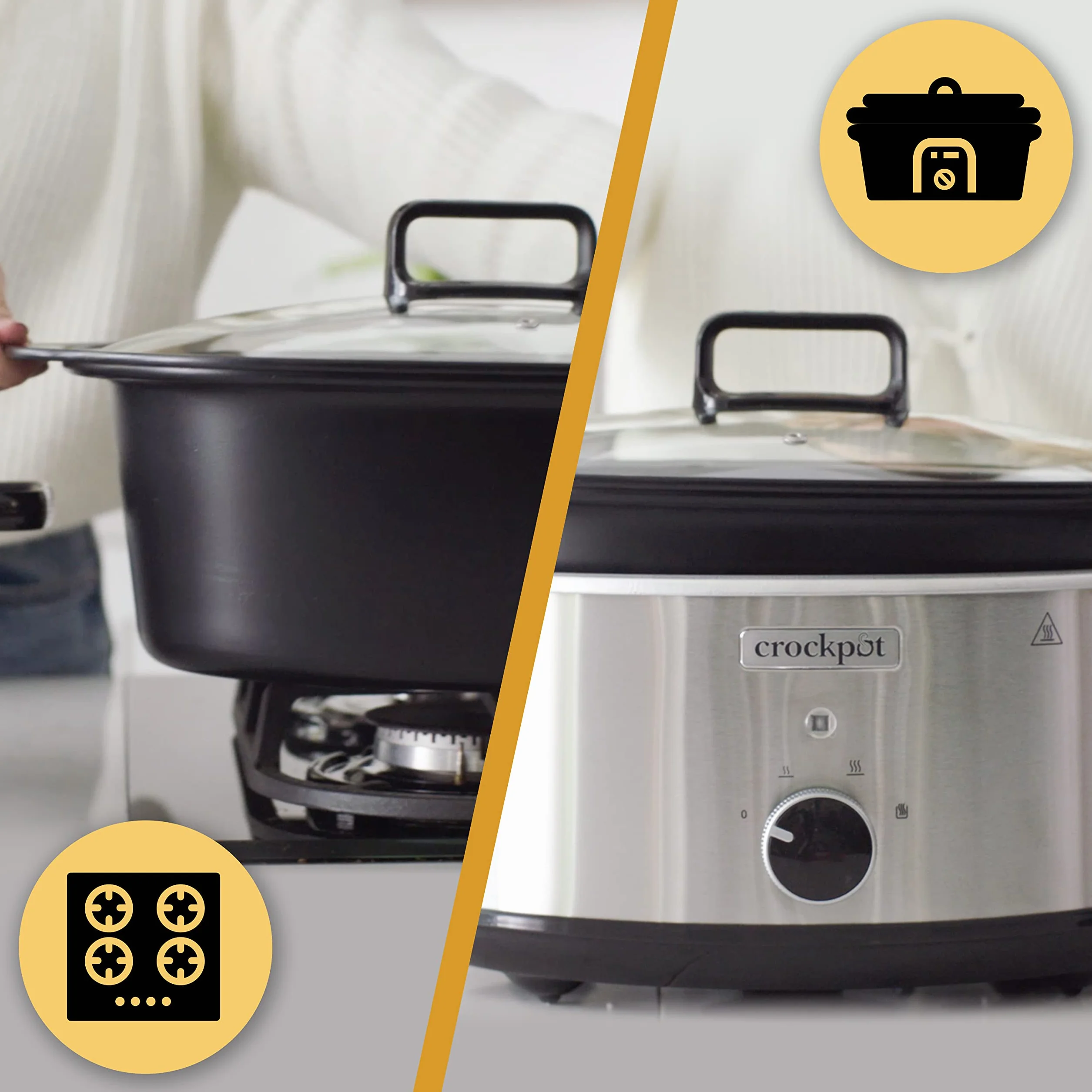 Crock-pot Pentola per Cottura Lenta, Slow Cooker, 3.5 Lt, fino a 4 Persone, Sizzle&Stew, Pentola interna in alluminio per rosolare sul fuoco, 2 Impostazioni Cottura e Funzione Warm, 210W max, Argento